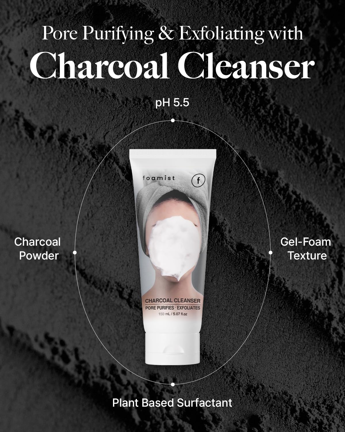 FOAMIST AHA Charcoal Foaming Gel Wash Cleanser for Acne - Pore Purifying, Light Exfoliation, Sulfate Free Vegan Formulation with Charcoal Powder, Greentea, PHA 5.07Floz