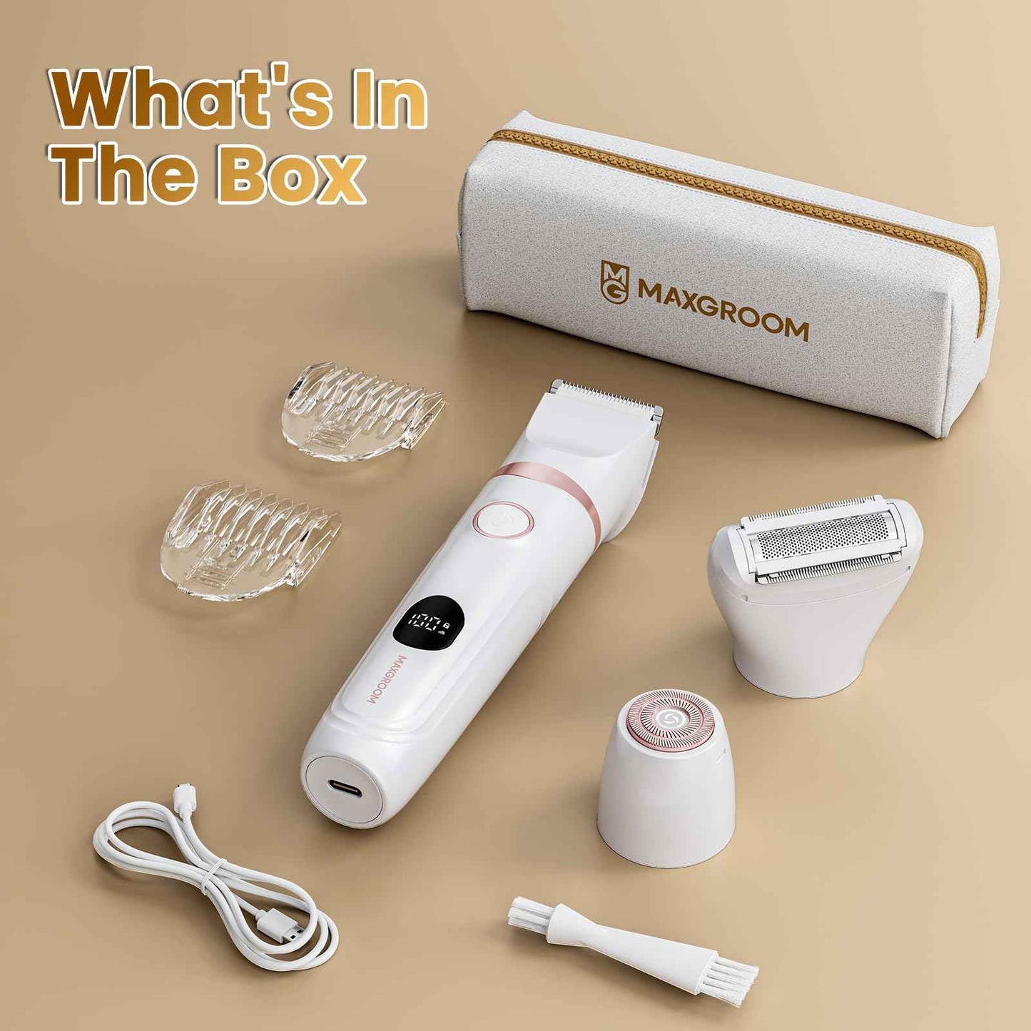 Bikini Trimmer for Women - MAXGROOM Waterproof Electric Razors for Women, Cordless Electric Shaver for Private Area with LED Display, USB Rechargeable & Travel Pouch, White