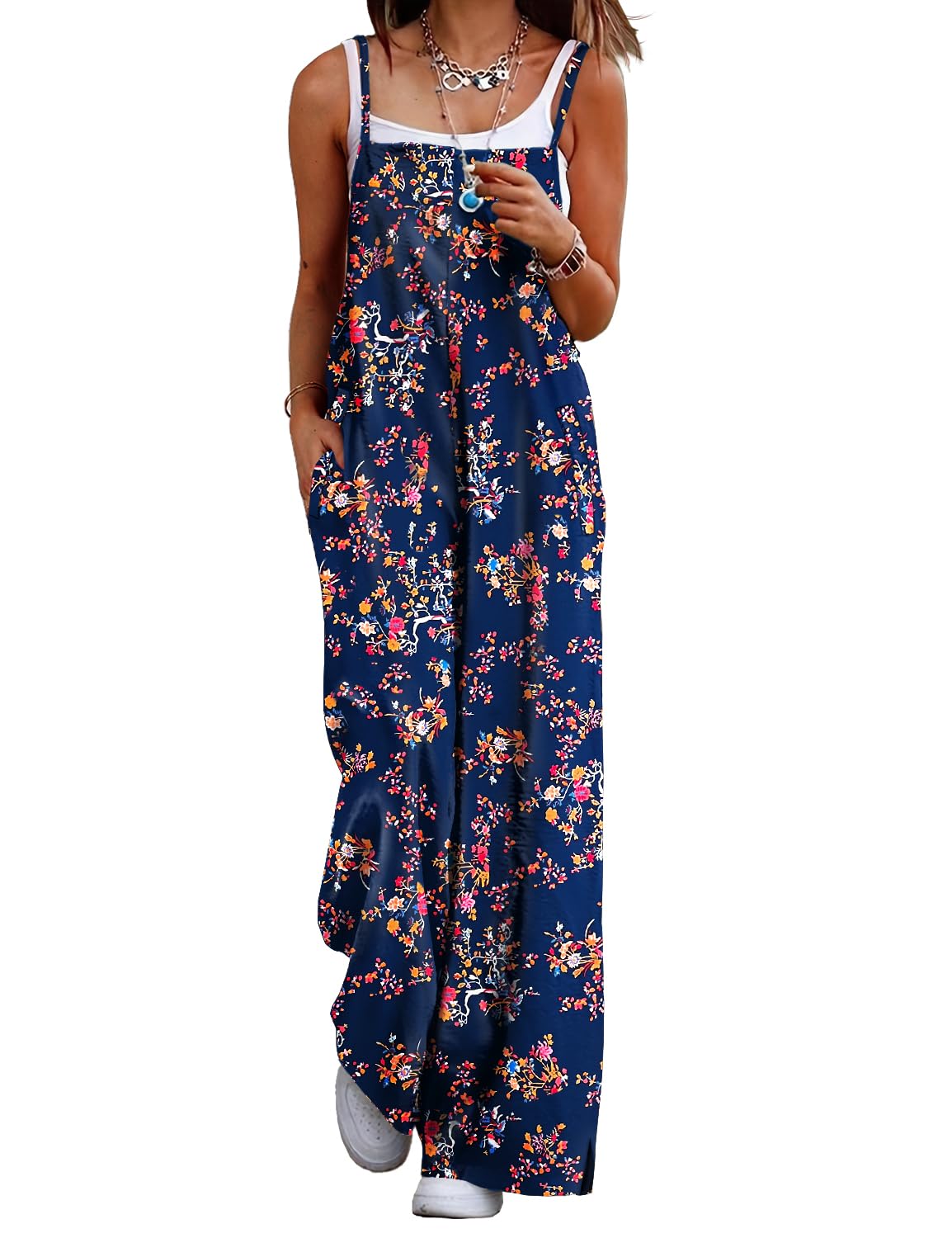 YESNO Women's Summer Boho Casual Jumpsuits Wide Leg Overalls Floral Print Baggy Rompers with Pockets XS PZZCR 30