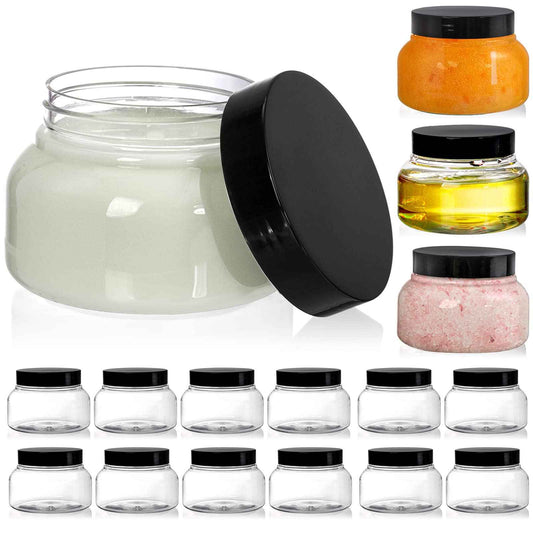Yarlung 16 Pack 8 Oz Plastic Jars with Lids, Clear Body Scrub Containers Empty Refillable Containers Round Low Profile Samples Jars for Makeup, Body Butter, Creams, Slime, Travel Storage