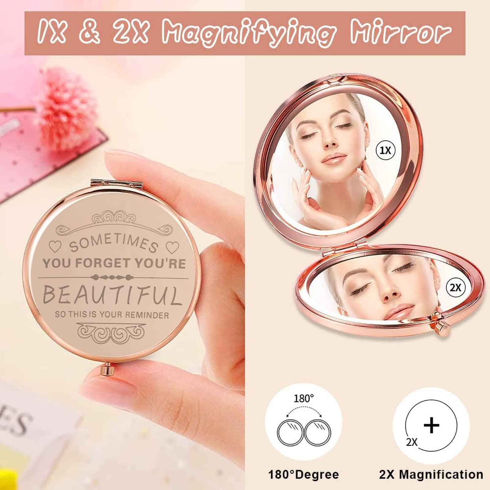 Birthday Gifts for Women－Compact Makeup Mirror,Gifts for Women, Festival,Valentine's Day,Christmas,Mother's Day, Graduation Party,The Gift for mom,Wife,Sister,Daughter,Friend,Classmate … (2-Rose gold)