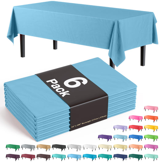 Exquisite 6-Pack Premium Plastic Tablecloth 54in. x 108in. Rectangle Plastic Table Cover - Sky Blue