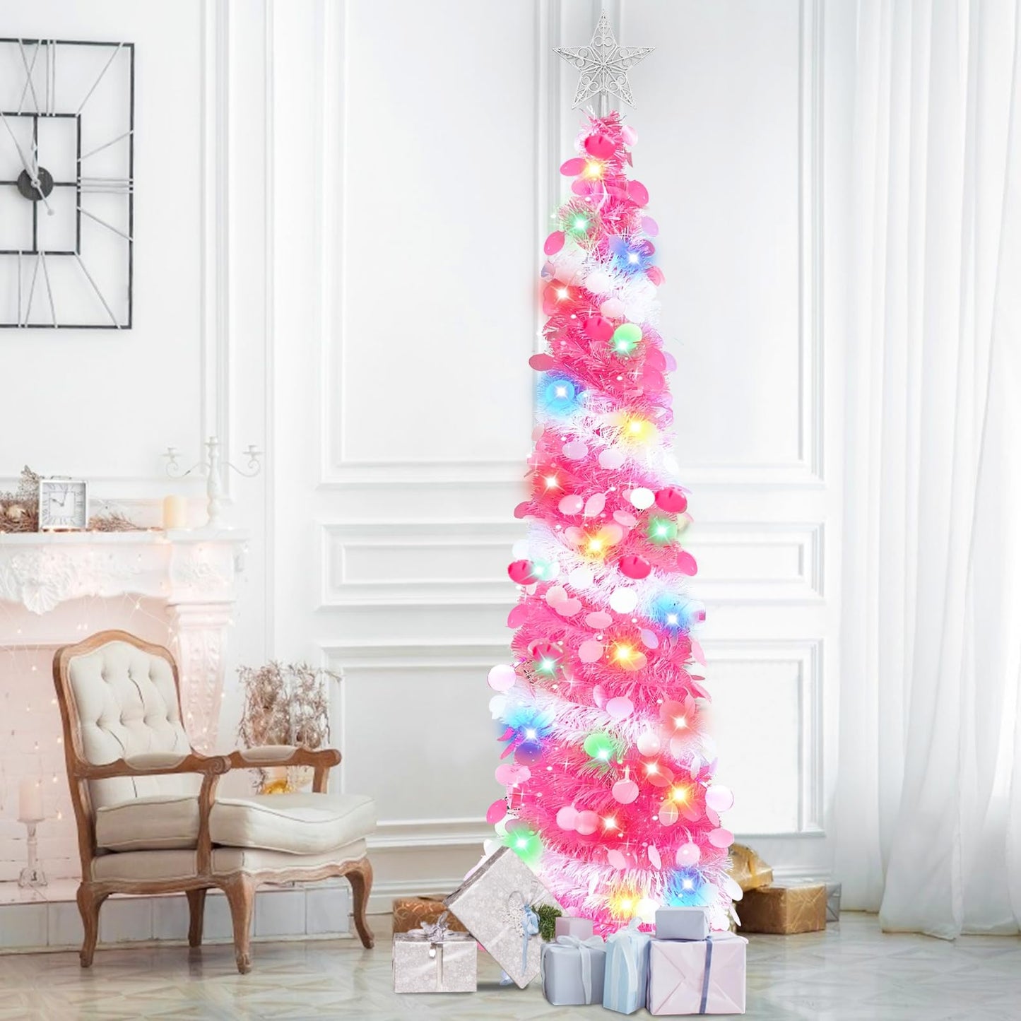 TURNMEON Dual Color Change&Timer 5 Ft Pop Up Christmas Tree, 8 Modes 50 Warm Lights&Colored Lights Star, Glitter Slim Tinsel Pencil Christmas Tree Battery Operated Xmas Tree Indoor Home(Pink White)