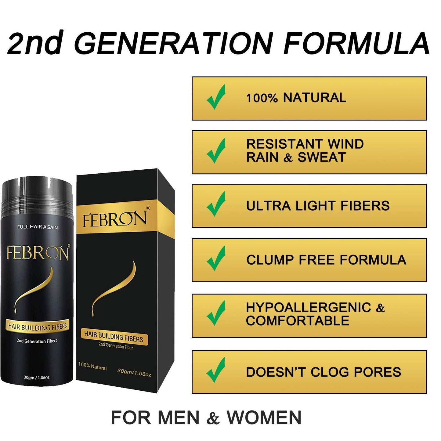 FEBRON Hair Fibers For Thinning Hair BLACK Giant 30G For Women & Men Hair Loss Concealer Hair Powder Volumizing Based 100% Undetectable & Natural - Bald Spots Filler