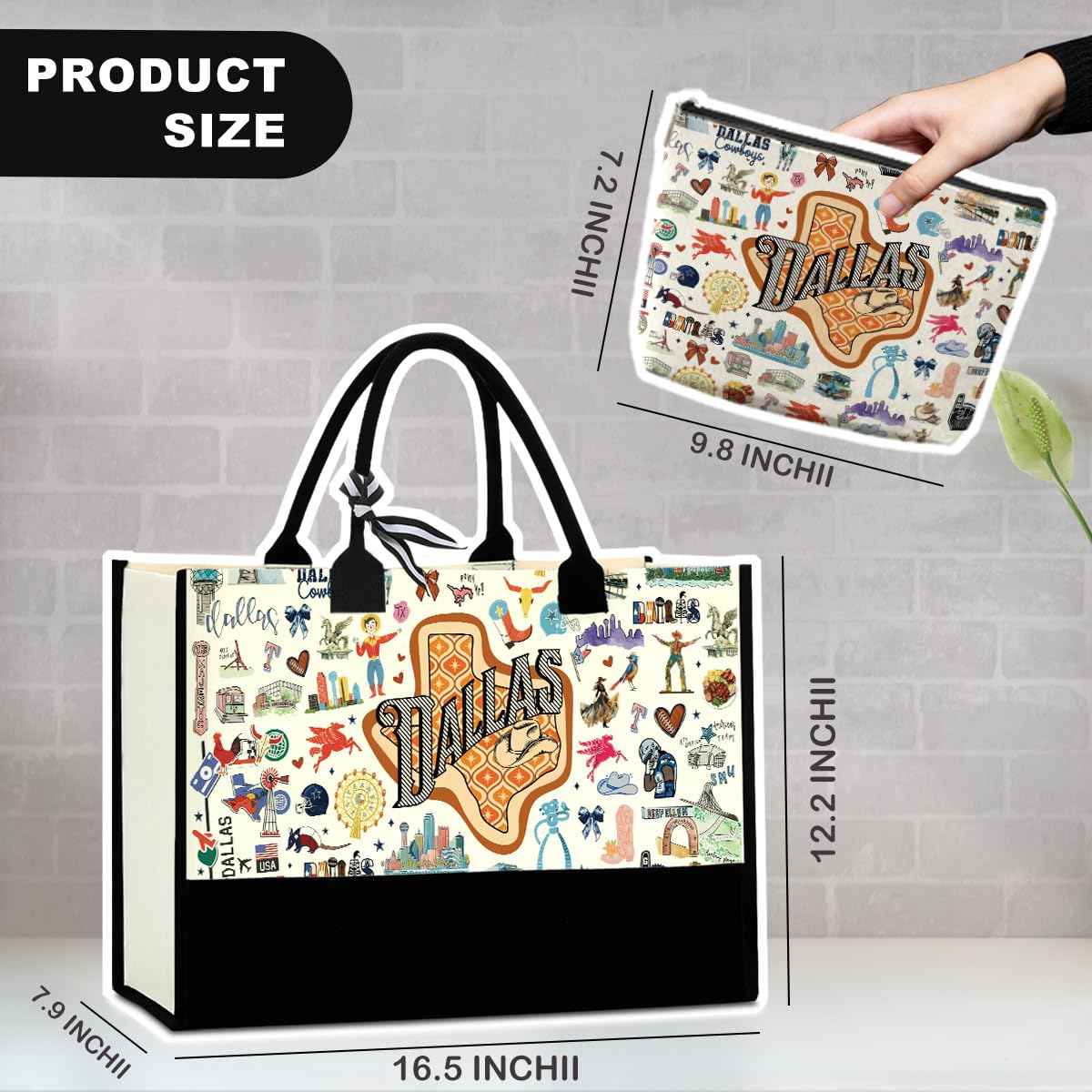 NBIAN Dallas Travel Tote Bag & Makeup Bag Set - Dallas Texas City Travel Souvenir Gift - Large Capacity, Multi-Purpose, Thoughtful Gift for Women