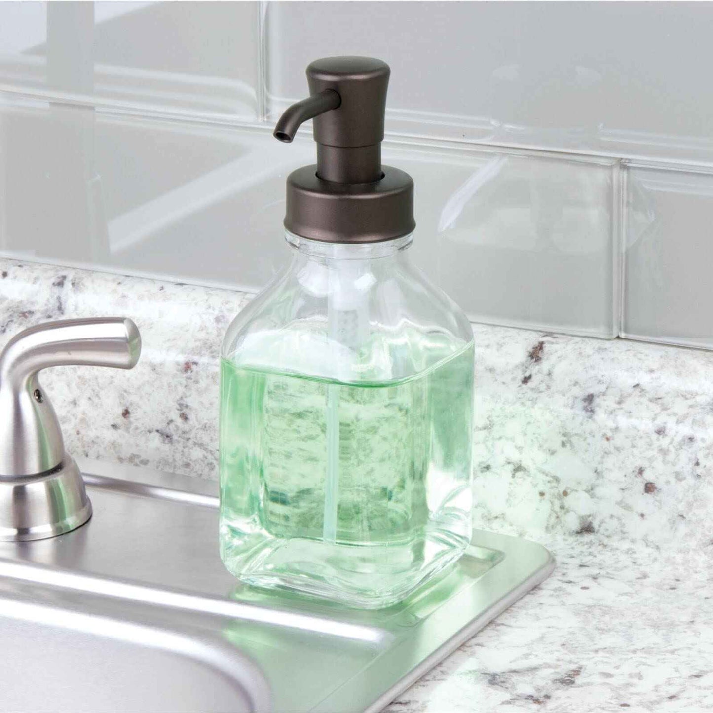 mDesign Square Glass Refillable Liquid Soap Dispenser Pump Bottle for Bathroom Vanity Countertop, Kitchen Sink - Holds Hand Soap, Dish Soap, Hand Sanitizer, Essential Oils - 2 Pack - Clear/Bronze