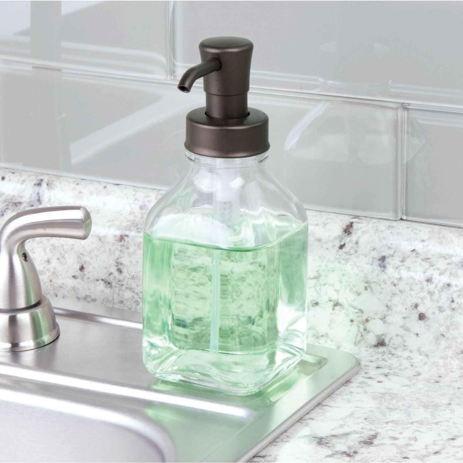 mDesign Square Glass Refillable Liquid Soap Dispenser Pump Bottle for Bathroom Vanity Countertop, Kitchen Sink - Holds Hand Soap, Dish Soap, Hand Sanitizer, Essential Oils - 2 Pack - Clear/Bronze