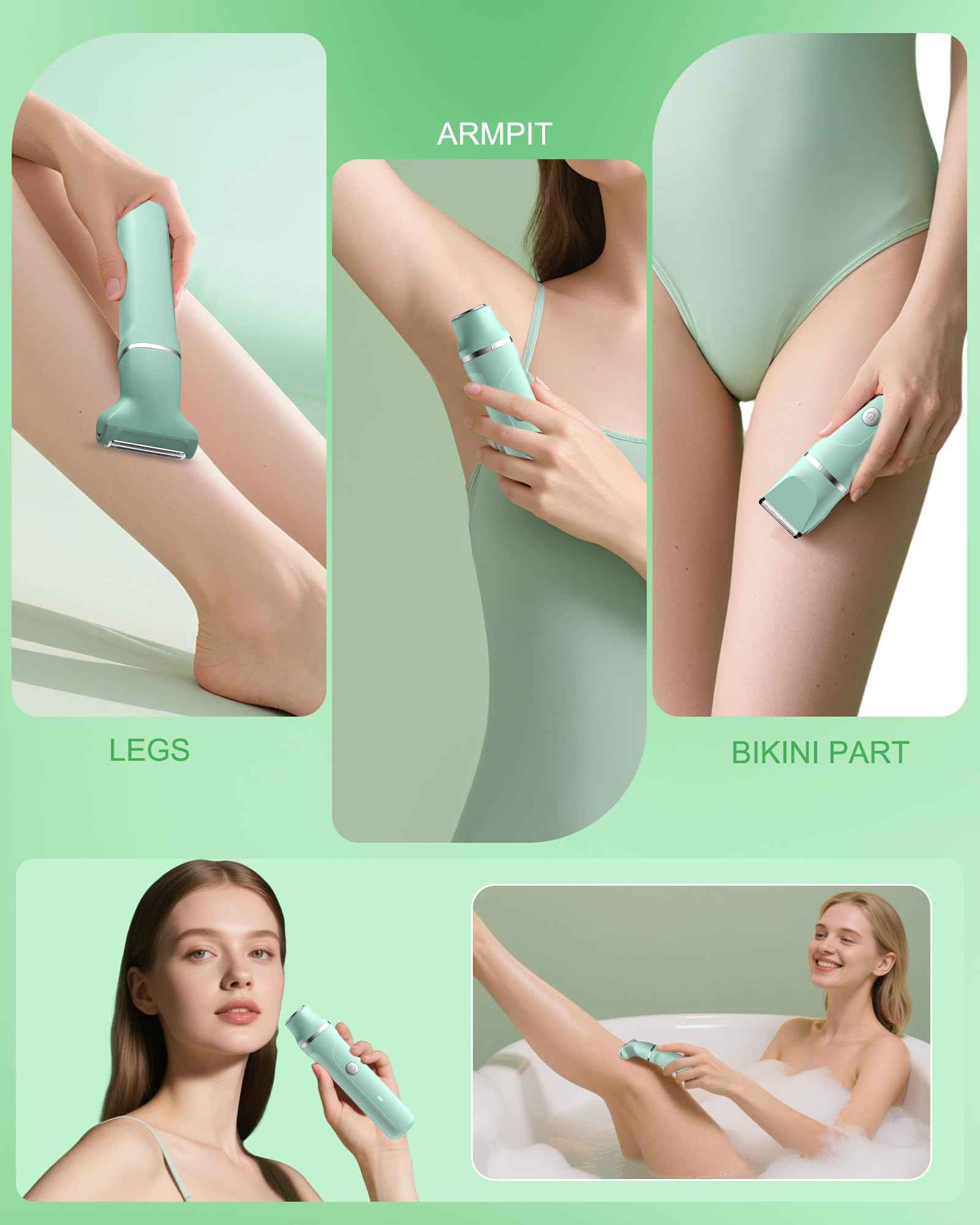 Electric Shaver for Women,3-in-1 Bikini Trimmer for Women & Body Shaver, IPX7 Waterproof,Hypoallergenic Ceramic Blades,USB-C Fast Charging,Travel Trimmer for Face, Legs,Bikini Line & Foil,Green