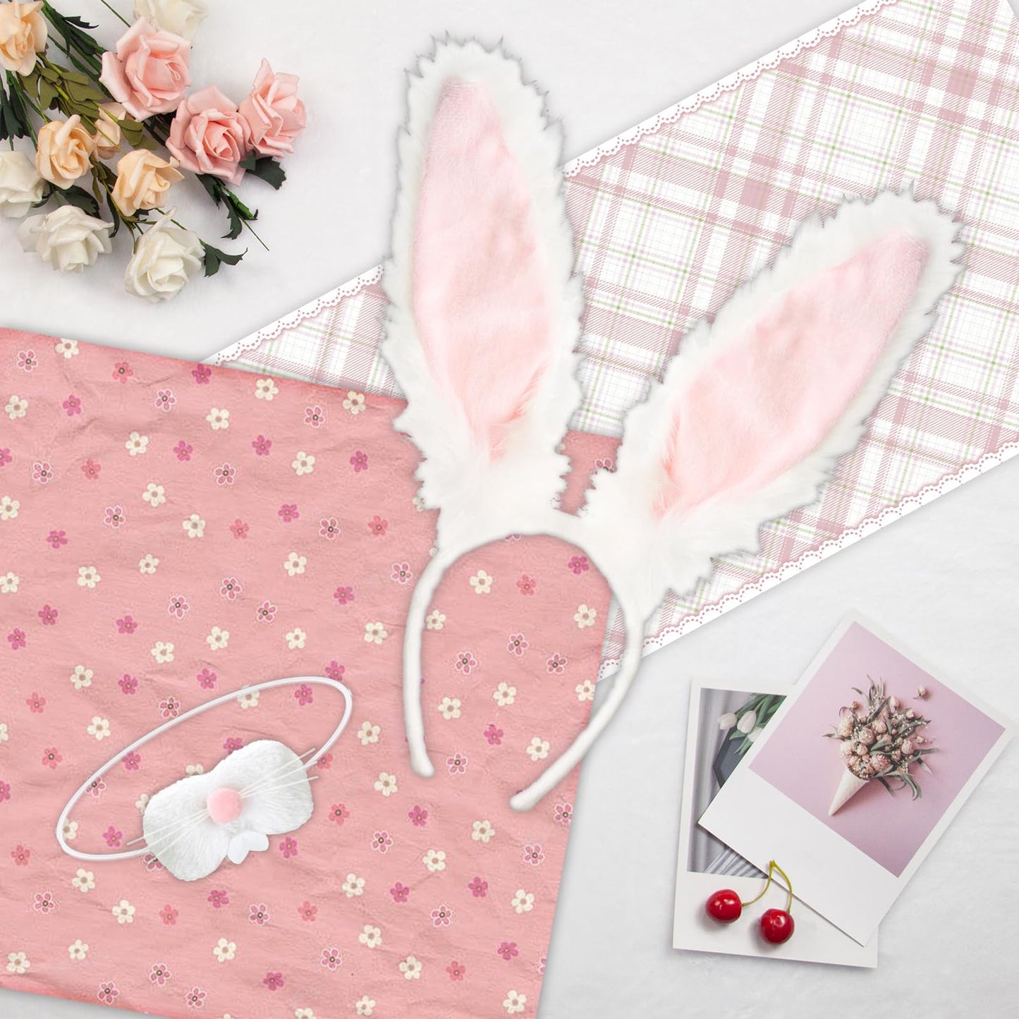 Gvhntk Bunny Ears Headbands Plush Fabric Bunny Nose Furry Rabbit Ear Headband Set Easter Party Prom Cosplay Supplies Halloween Costume Acessory for Women(White+Pink)