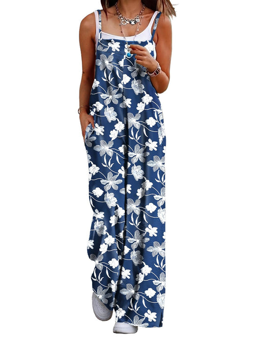 YESNO Women's Summer Boho Casual Jumpsuits Wide Leg Overalls Floral Print Baggy Rompers with Pockets XS PZZCR 385