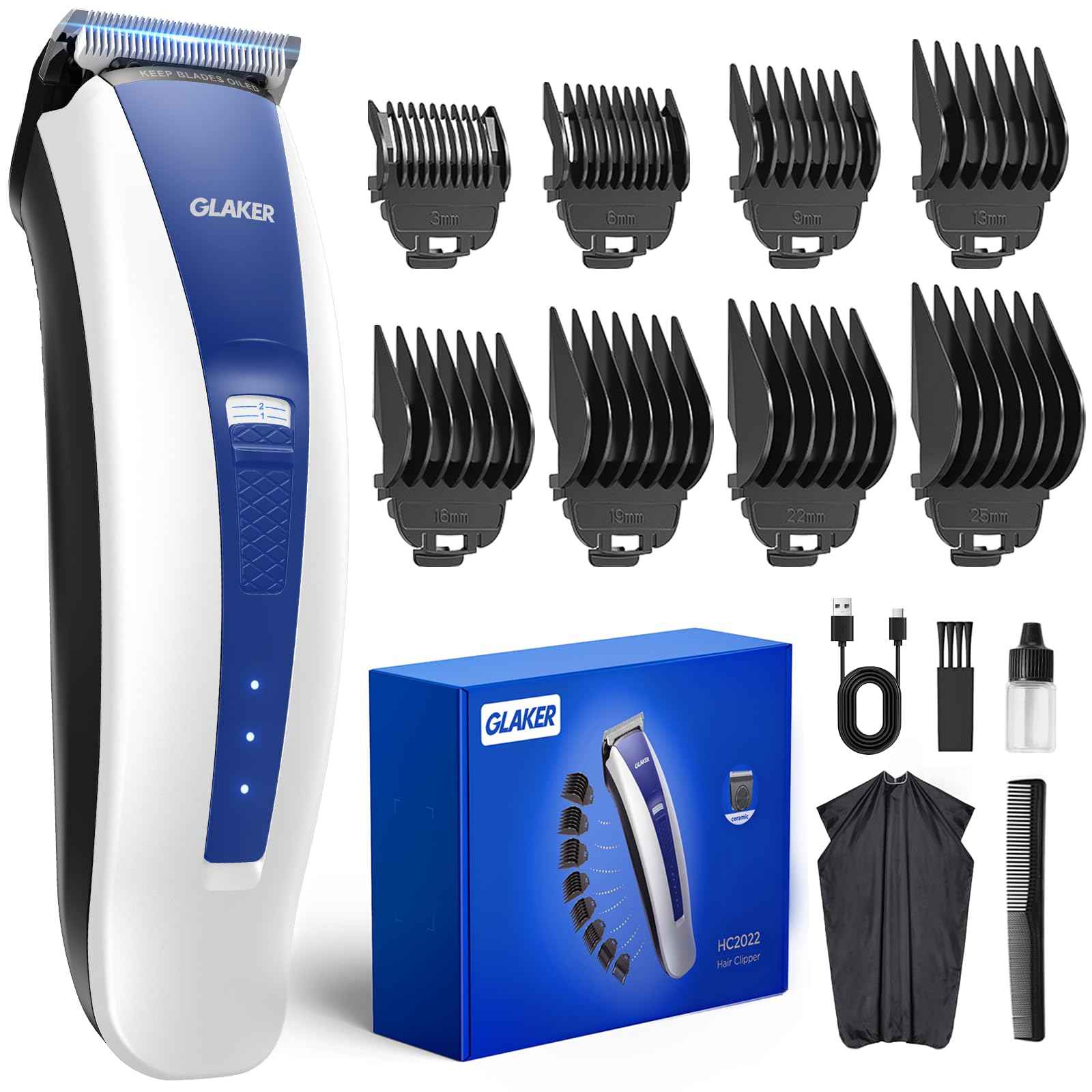 GLAKER Clippers for Hair Cutting - Cordless 2 in 1 Versatile Hair Trimmer with 8 Guards,Professional Barber Kit for Barbershop, Ideal Gift for Men