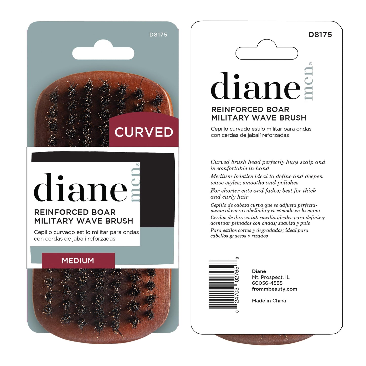 Diane Reinforced Boar Bristle Curved Military Wave Brush for Men and Barbers – Medium Bristles for Thick and Curly Hair – Use for Detangling, Smoothing, Wave Styles, Restore Shine and Texture