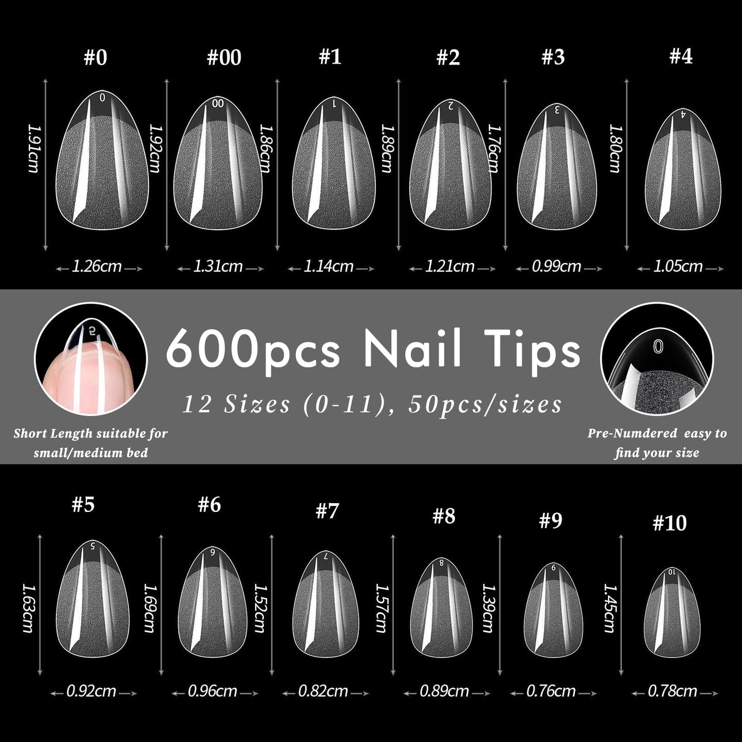 AddFavor 600pcs Short Almond Nail Tips Soft Gel x Nail Tips Full Cover Clear Acrylic Nail Tips for Nail Extension Home DIY Nail Salon