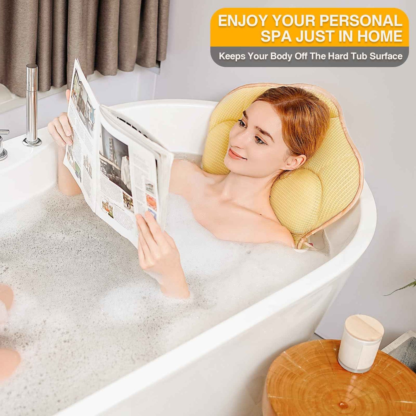 Pesipers Ergonomic Full Body Bath Pillow for Bathtub, 3.9 inch Thickened Tub Pillows for Back Support and Headrest Neck, Soft 5D Air Mesh Cushion & Mat, Bathtub Pillow with 13 Suction Cups(Gold)