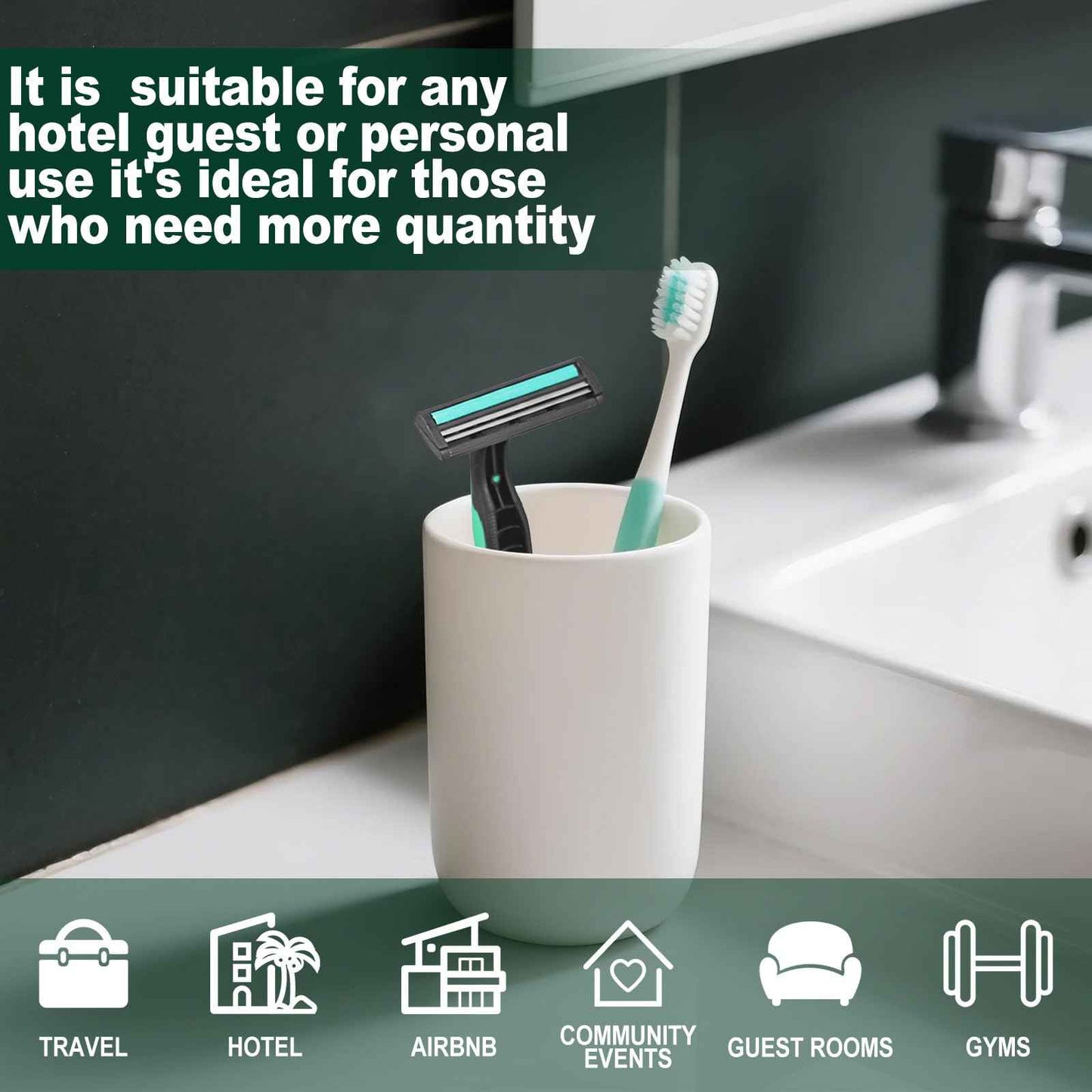 Fafortune Disposable Twin Blade Razors in Bulk, Individually Wrapped - Clear Safety Cap, For Homeless, Hotel, Airbnb, Travel (pack of 100,green)