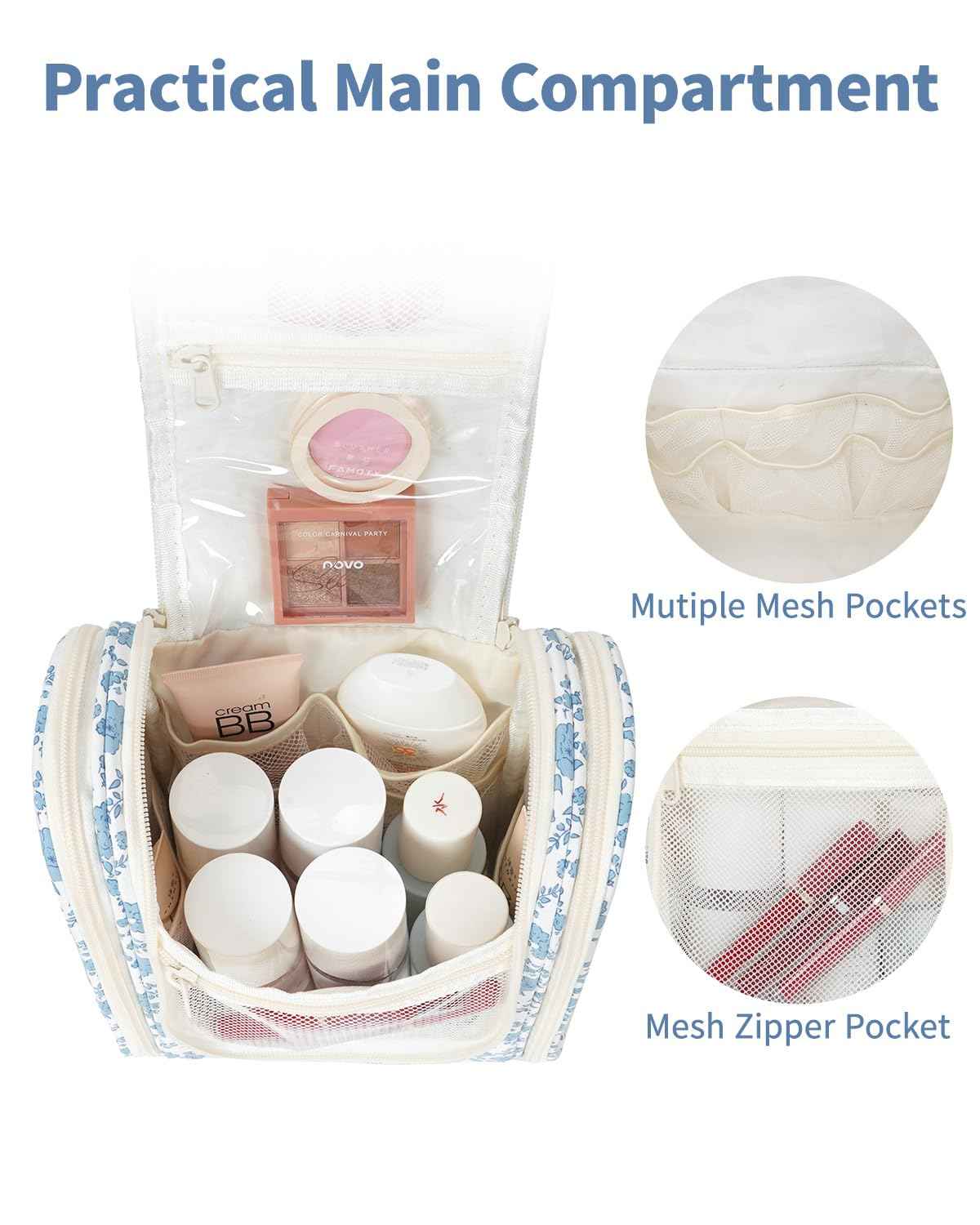 Narwey Hanging Toiletry Bag Women Travel Makeup Bag Organizer Toiletries Bag for Travel Size Essentials Accessories Cosmetics (Medium,Little Blue Flower)