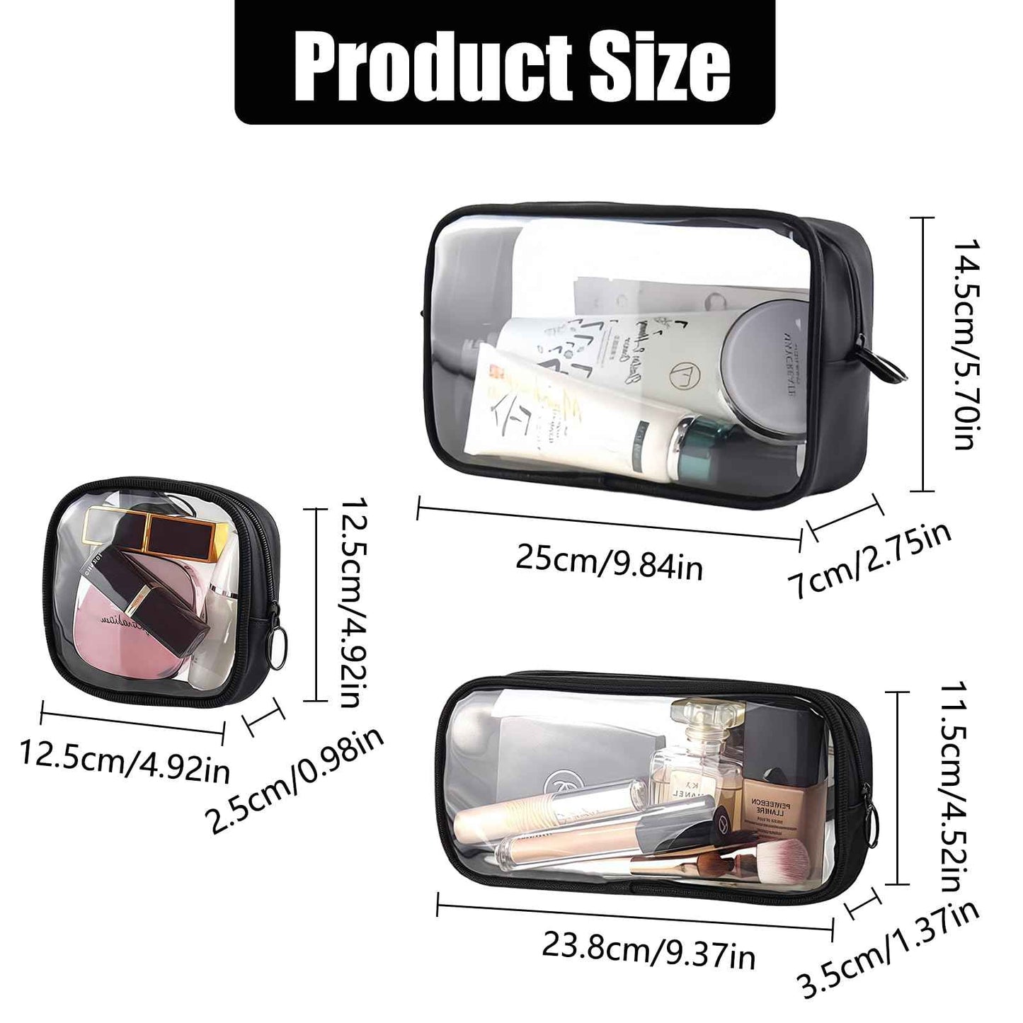 Cozomga Clear TSA Approved Toiletry Bag Set - 3 Pack (Large, Small and Mini) Clear Cosmetic Bag with Zipper, Quart Size Travel Essentials Organizer Perfect for Carry-On Luggage (TPU-3LSM-Black)