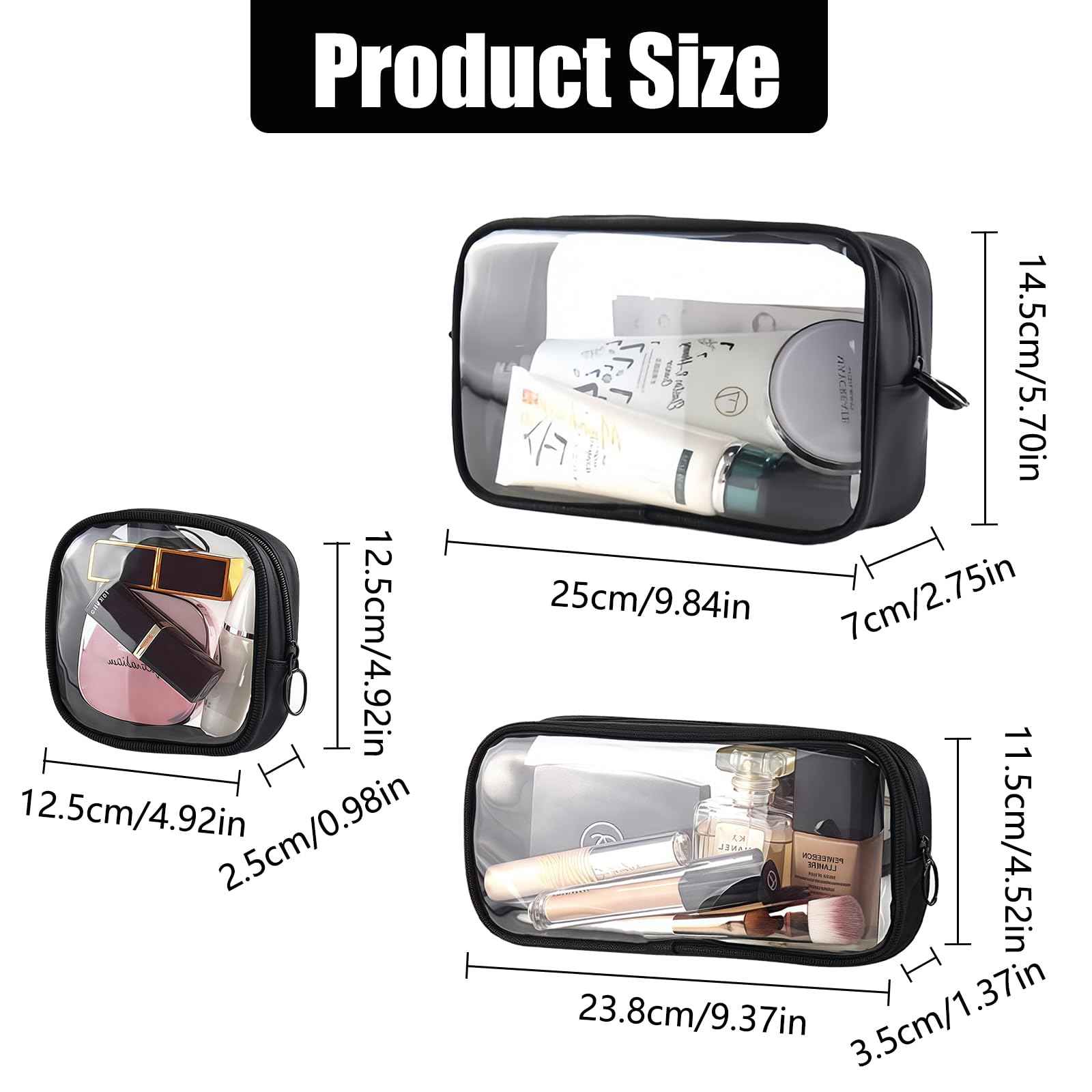 Cozomga Clear TSA Approved Toiletry Bag Set - 3 Pack (Large, Small and Mini) Clear Cosmetic Bag with Zipper, Quart Size Travel Essentials Organizer Perfect for Carry-On Luggage (TPU-3LSM-Black)
