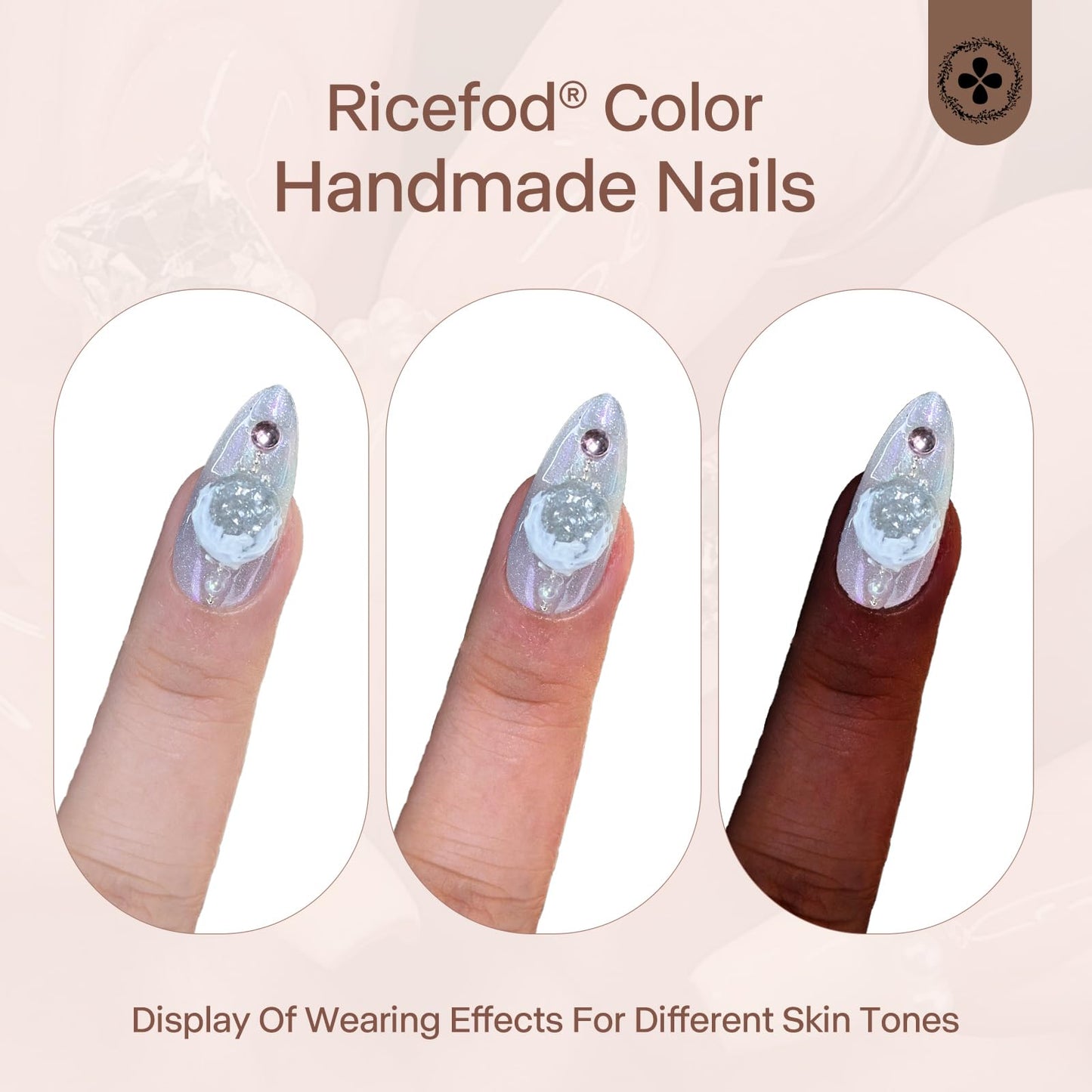 Ricefod Press on Nails Handmade Silver White Almond Fake Nails Press on False Nails Medium Length 10 Pcs Reusable Luxury Nails with Snowflakes and Diamonds Size:Small