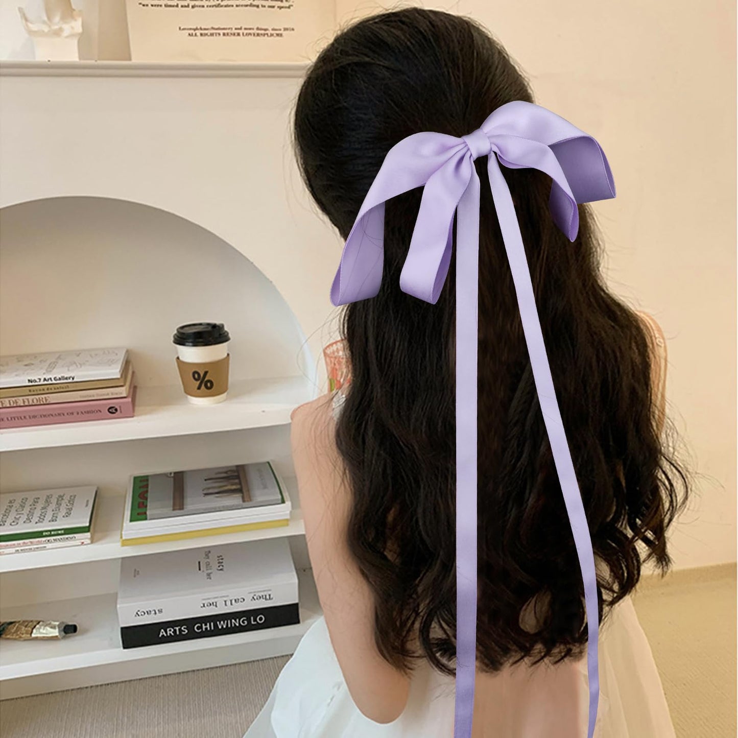 Rywicle Hair Clips Bow for Women Girls for Tassel Ribbon Bowknot Hair Claw Silky Satin French Barrette Lightweight 2 Pack for Summer-Purple Champagne White