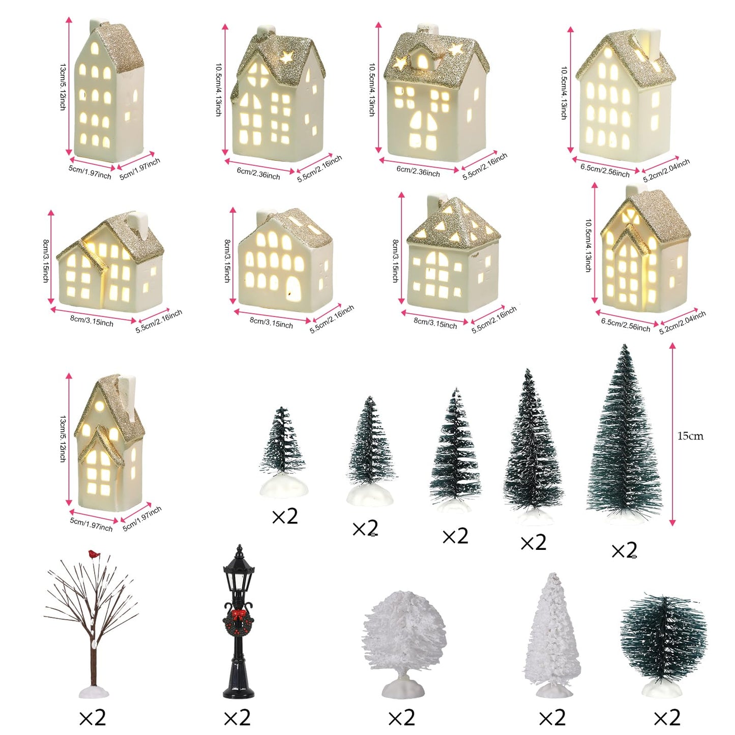 Spdmhyo 29Pcs Ceramic Christmas Village Set with Tea Light Christmas Pine Trees Xmas Street Lamp White Porcelain House Mantle Tabletop Christmas Decoration(Built in LR44)