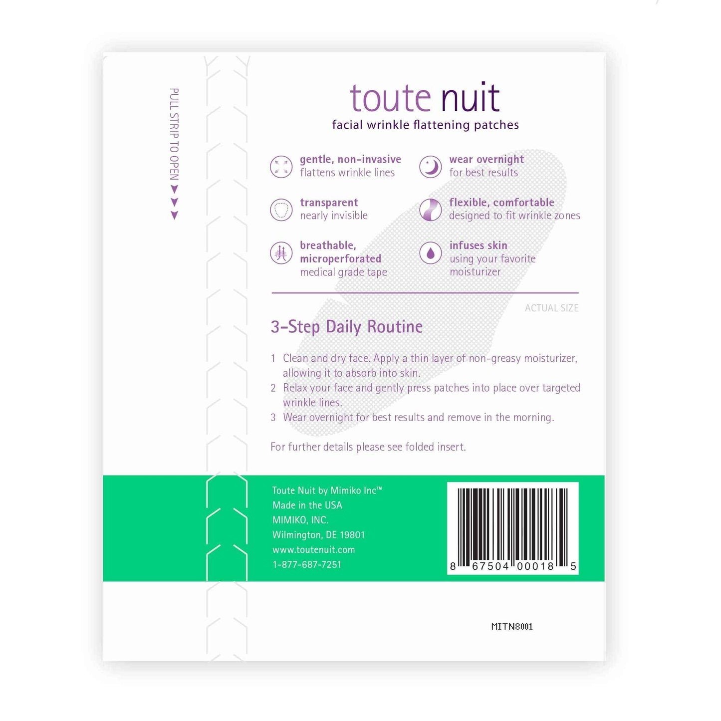 Toute Nuit Wrinkle Patches – Grooves – Face Tape for Maximum Forehead Coverage – Hypoallergenic Anti Wrinkle Patches – 20 Count, Made in USA (Pack of 2)