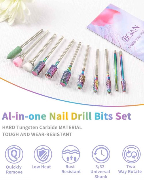 BQAN Nail Drill Bits, 17Pcs Tungsten Carbide Drill Bit Set, Professional 3/32'' Nail Bits For Nail Drill Efile, Acrylic Nails, Manicure Pedicure, Home Salon Nail Art Supplies