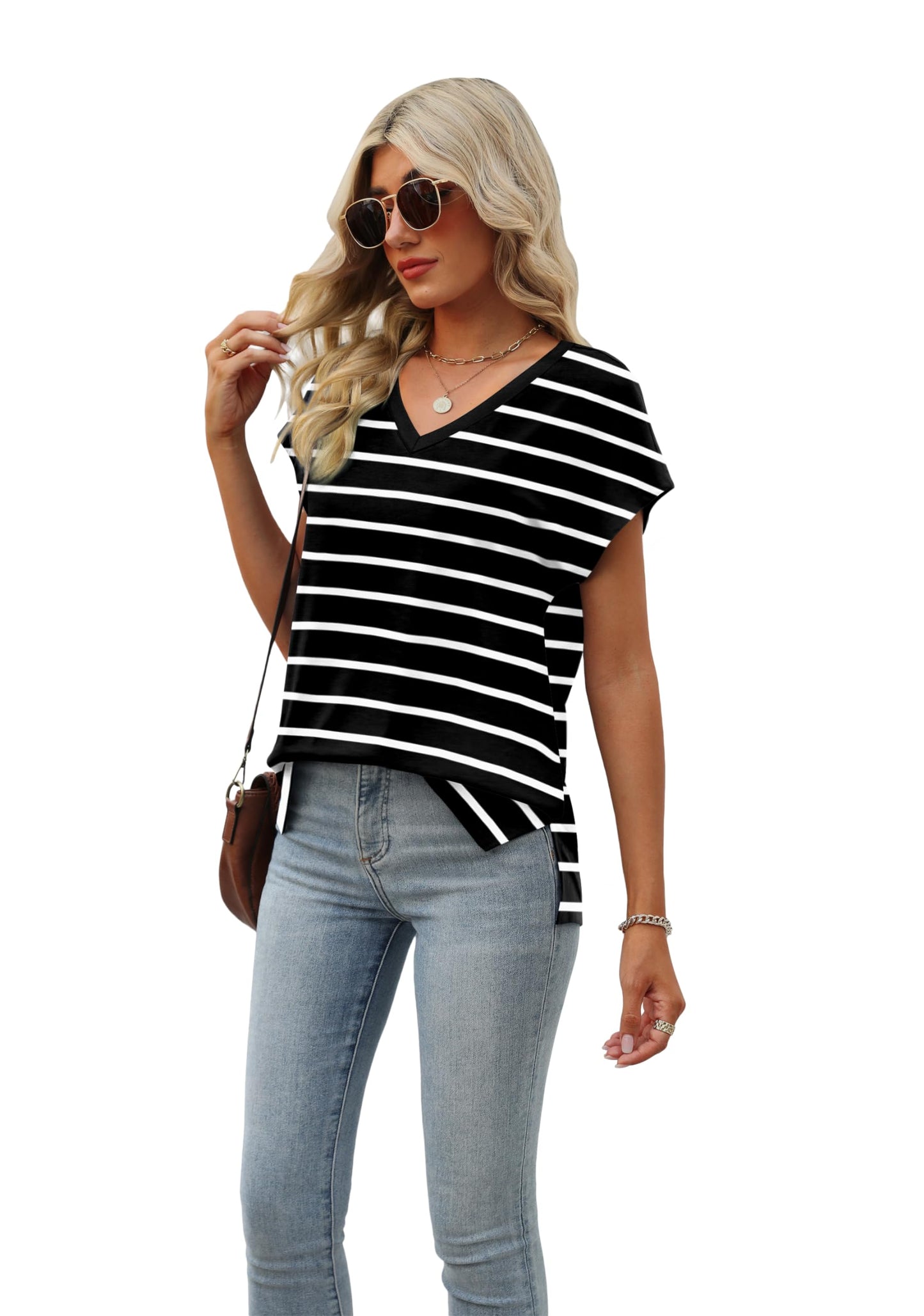 Striped Shirt Women Cap Sleeve Summer Tops 2024 Trendy Cute Tank Tops V Neck Shirts Black and White S