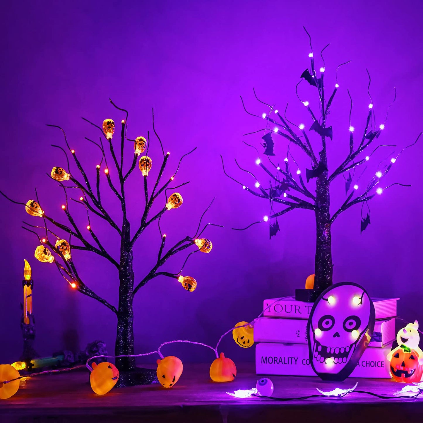 ZHOUDUIDUI 2Pack Halloween Tree, Black Spooky Tree with 24LED Purple Lights and 10 Bat Ornaments Battery Powered 18IN Lighted Halloween Bonsai Tree for Indoor Tabletop Halloween Party Decoration