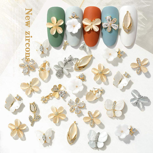 HNUIX Butterfly Nail Charms and Gems - Gold Copper Zircon, Multiple Shapes, Metal Jewelry Rhinestones Charms, 10 Pieces