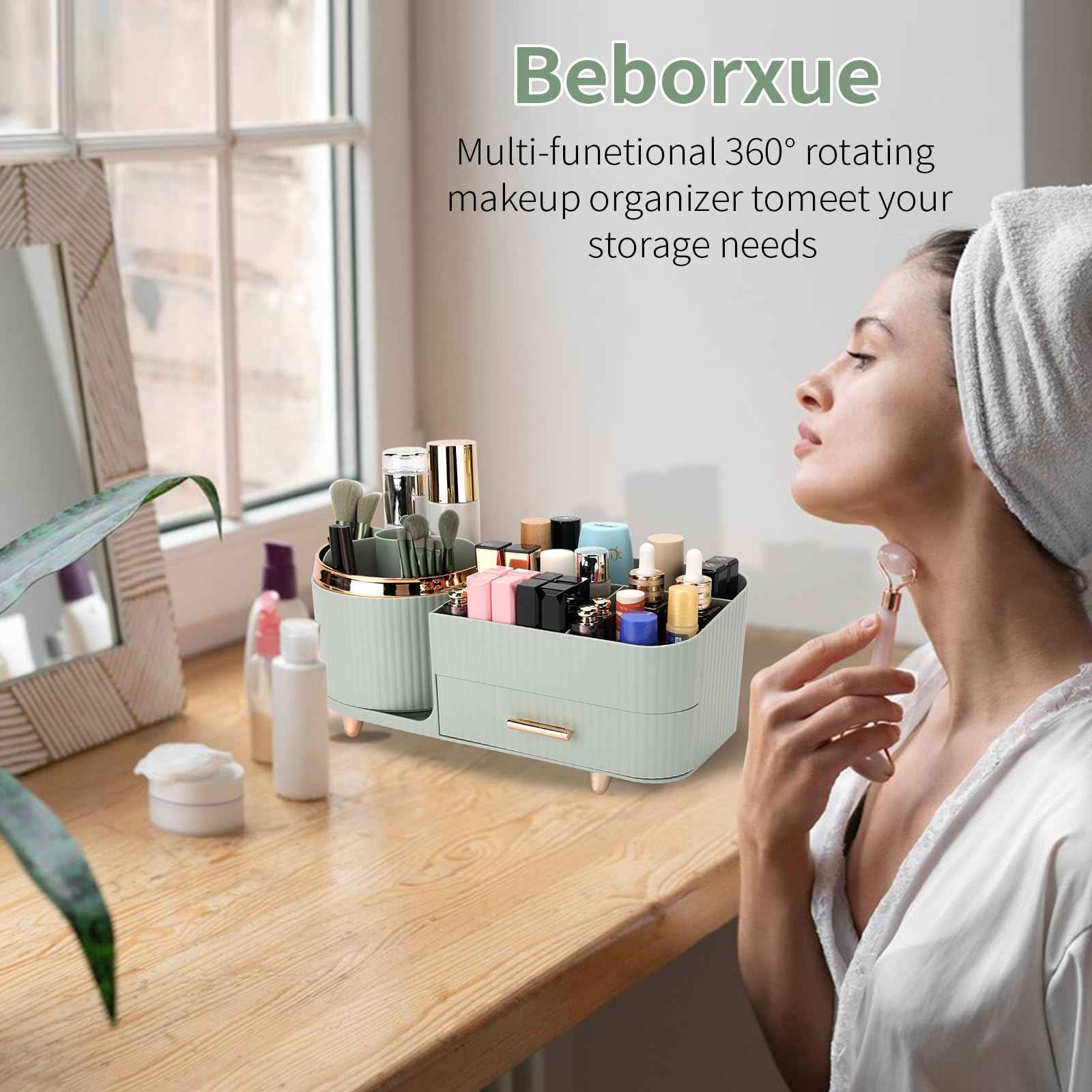 Beborxue 360° Rotating Makeup Organizer for Vanity with Drawers, Large Capacity Cosmetic Display Case, skincare organizer, Cosmetic Organizer for Lipstick, Skincare, Brushes, Eyeshadow, (Green)