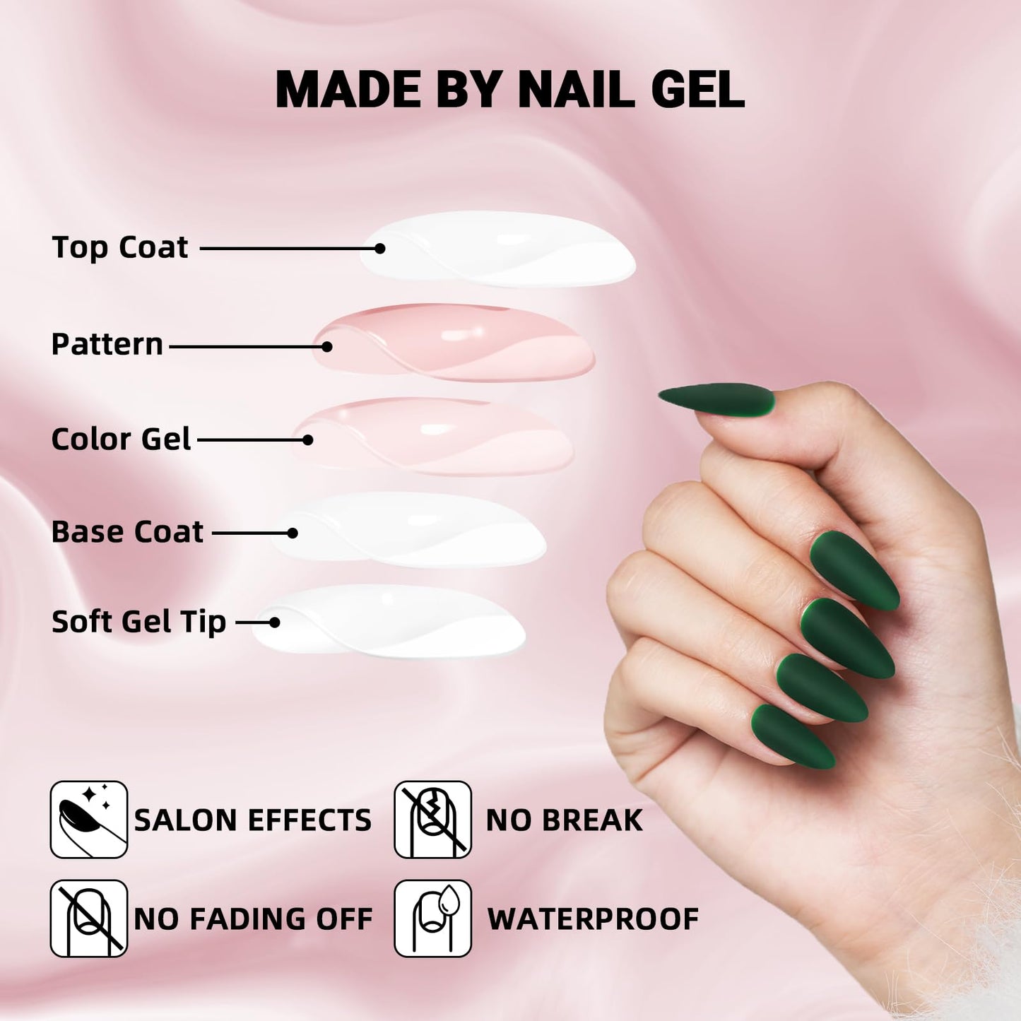 WOOYAS Dark Green Press on Nails Almond，Medium Green Nails Matte Finish, Handmade Gel Fake Nails Reusable, Salon Perfect Almond Nails in 12 Sizes - 24 Pcs