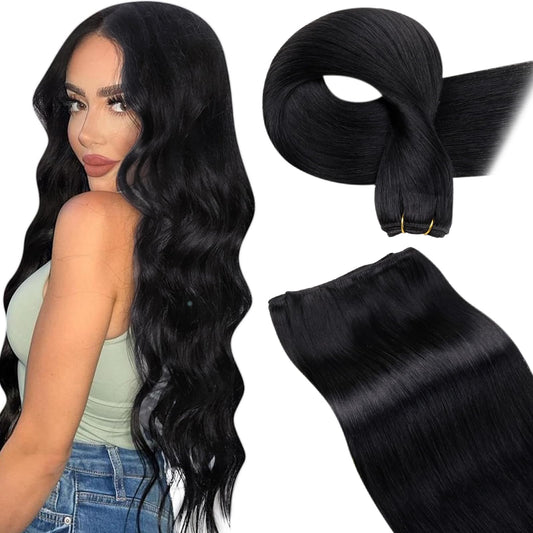 LaaVoo Weft Hair Extensions Human Hair Black Sew in Hair Extensions Real Human Hair Black Women Hair Weft Extensions Short 80g 12 Inch