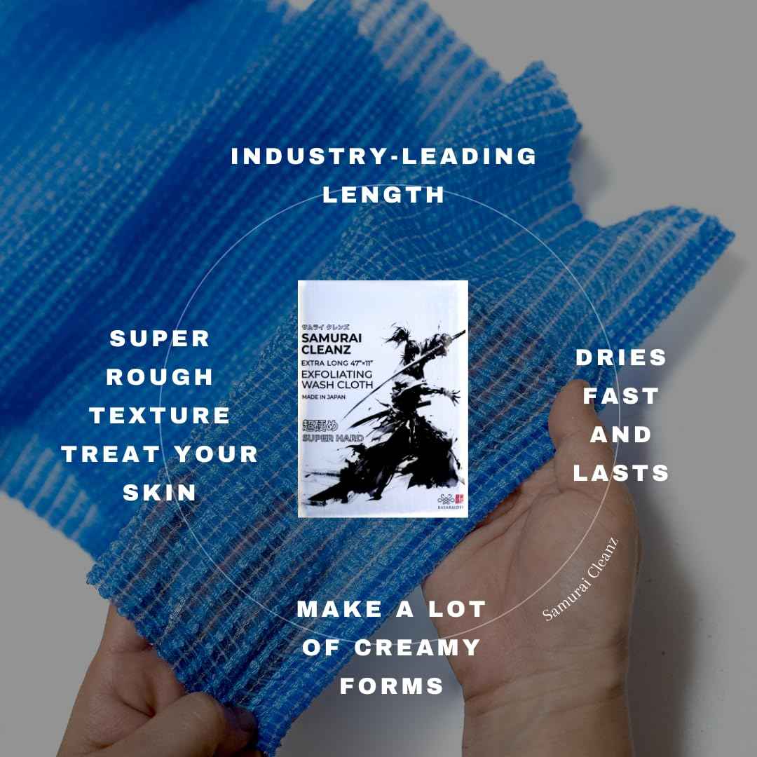 Samurai Cleanz, Resistant Exfoliating Washcloth for All Skin Types, Exfoliating Shower Towel, Premium Japanese washcloth, Deep Cleanse for Body Face, Quick Drying, Extra Long Design - Made in Japan