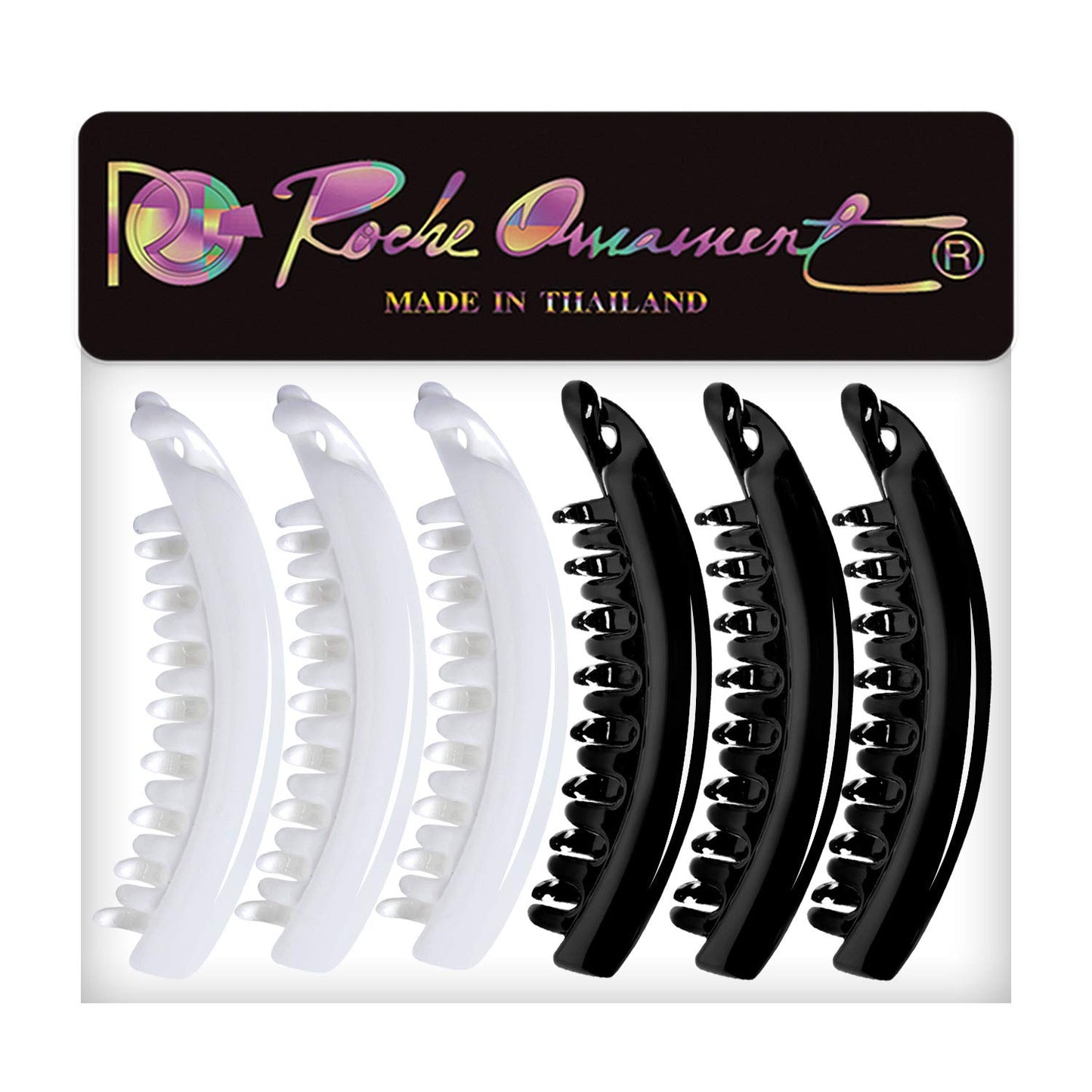 RC ROCHE ORNAMENT 6 Pcs Womens Premium Hair Plastic Banana Classic Clincher Strong Hold Ponytail Maker Girls Ladies Beauty Accessory Clasp Clip, Large Black and White