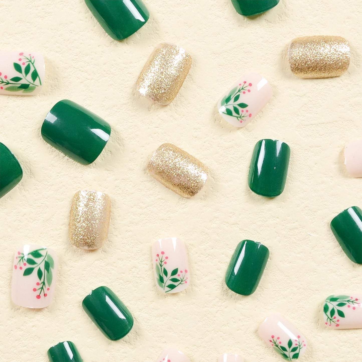 SINHOT Green Press on Nails Short Square Fake Nails Green Leaves Nails Glossy Glue on Nails Squoval Acrylic Nails Gold Glitter Arificial Nails Stick on False Nails with Design 24 pcs