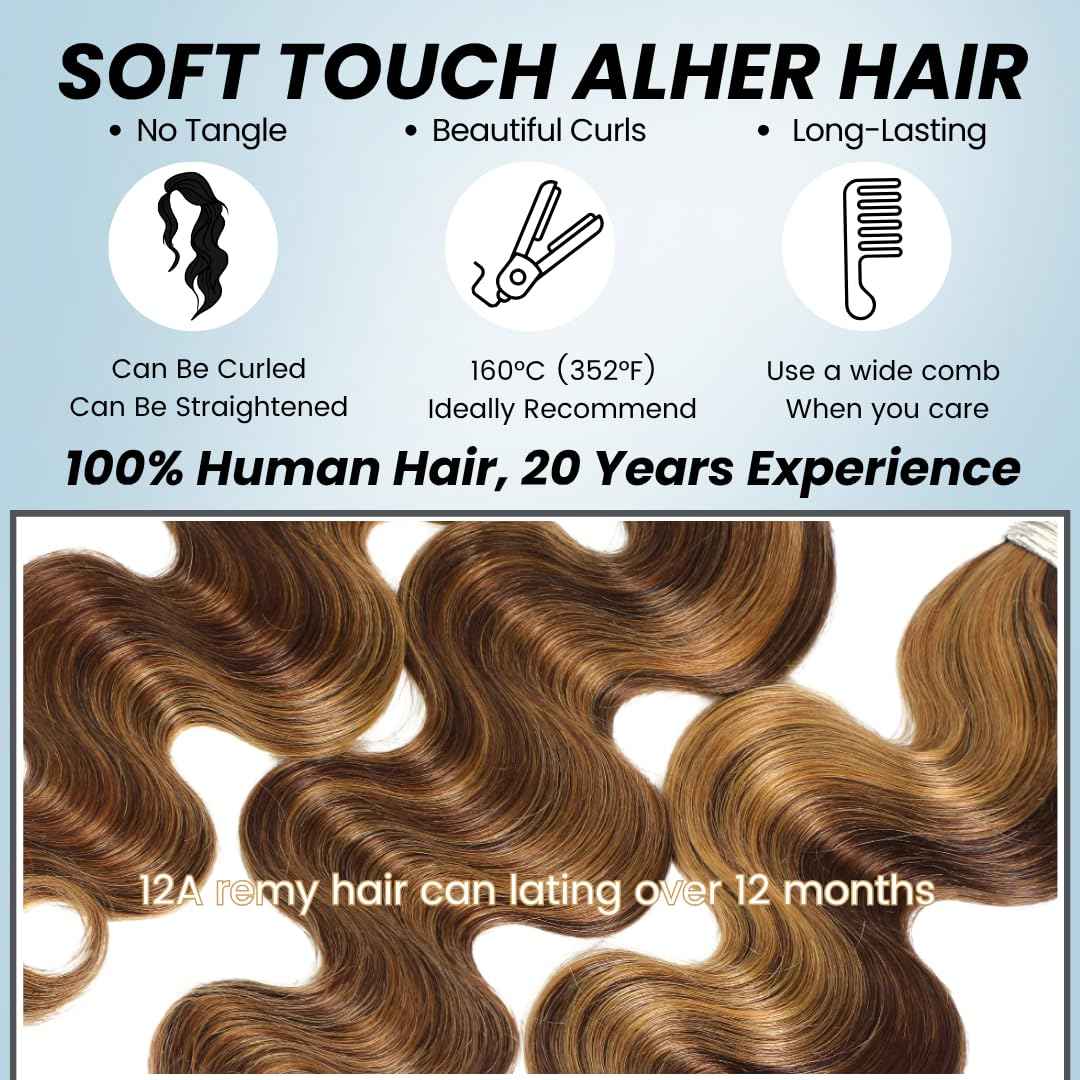 ALHER 4/27 Honey Blonde Highlight Body Wave Ombre Human Hair Bundle 14 Inch Brown Colored Bundles 12A 100% Brazilian Virgin Remy Human Hair Soft Wavy Weave 4/27 Highlight Color