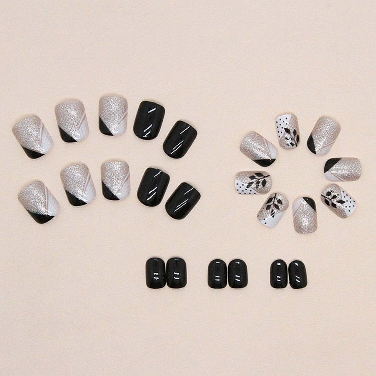 Fall Press on Nails Short Square Fake Nails with Leaves & Glitter Designs French Tip Press ons Glossy Glue on Nails Black False Nails Artificial Stick on Nails for Women 24Pcs