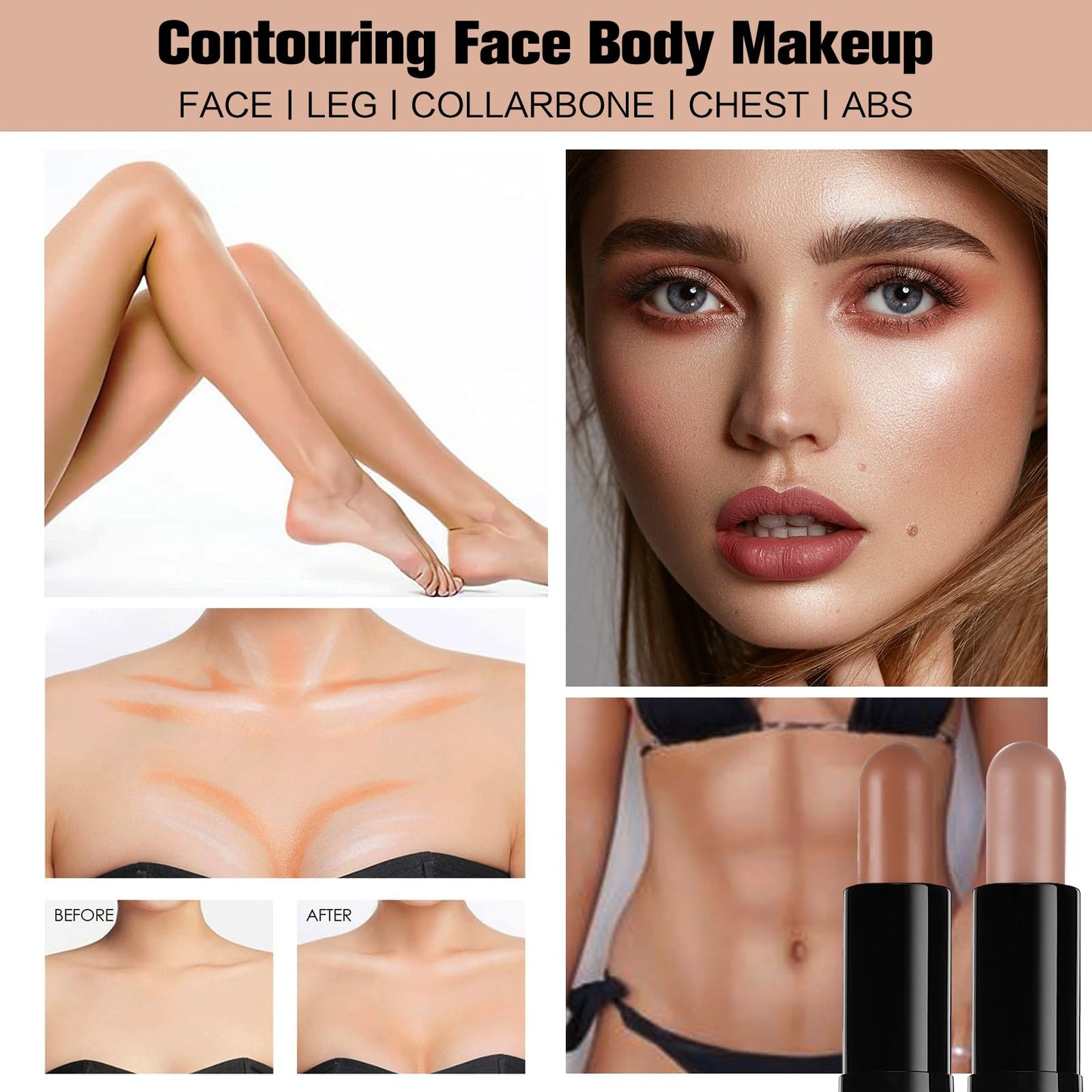 Contour Stick, 2Pcs Dual-Ended Highlighter Makeup Pen & Contouring Stick for Face Shaping, Long Lasting Waterproof Cream Bronzer & Highlight Sticks Make Up Kit for All Skin Tones (01# + 02#)