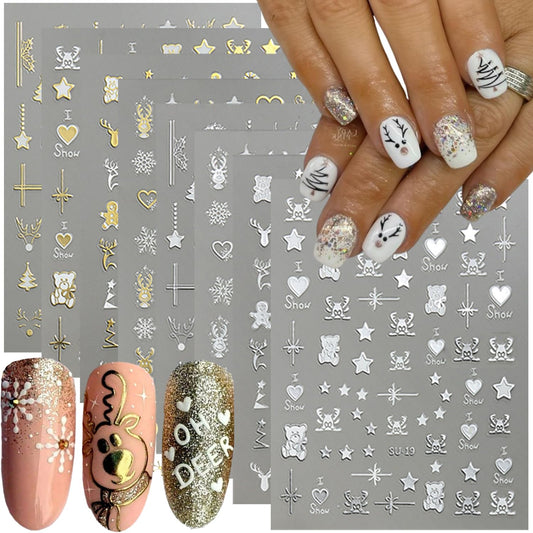 Christmas Nail Art Sticker Decals 8 Sheets Gold Silver Snowflake Nail Decals Elk Star Christmas Tree Gingerbread Man Design Holiday Nail Stickers Xmas Acrylic Nail Art Decorations Supplies for Women