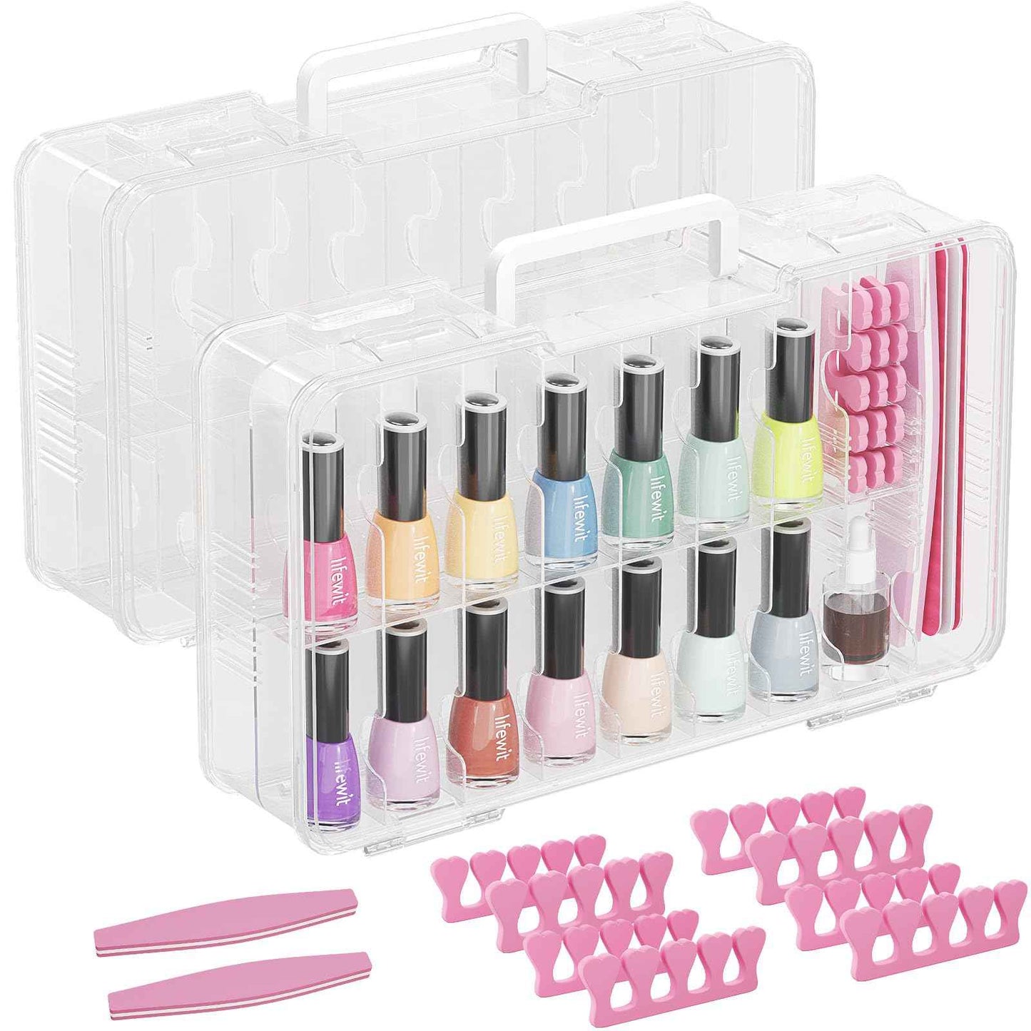 Lifewit Nail Polish Organizer Case for 36 Bottles with 8 Adjustable Sections, Portable Sturdy Gel Nail Polish Storage Holder with 4 Nail Separators, Space Saver for Display Travel, 2 Pack, Clear