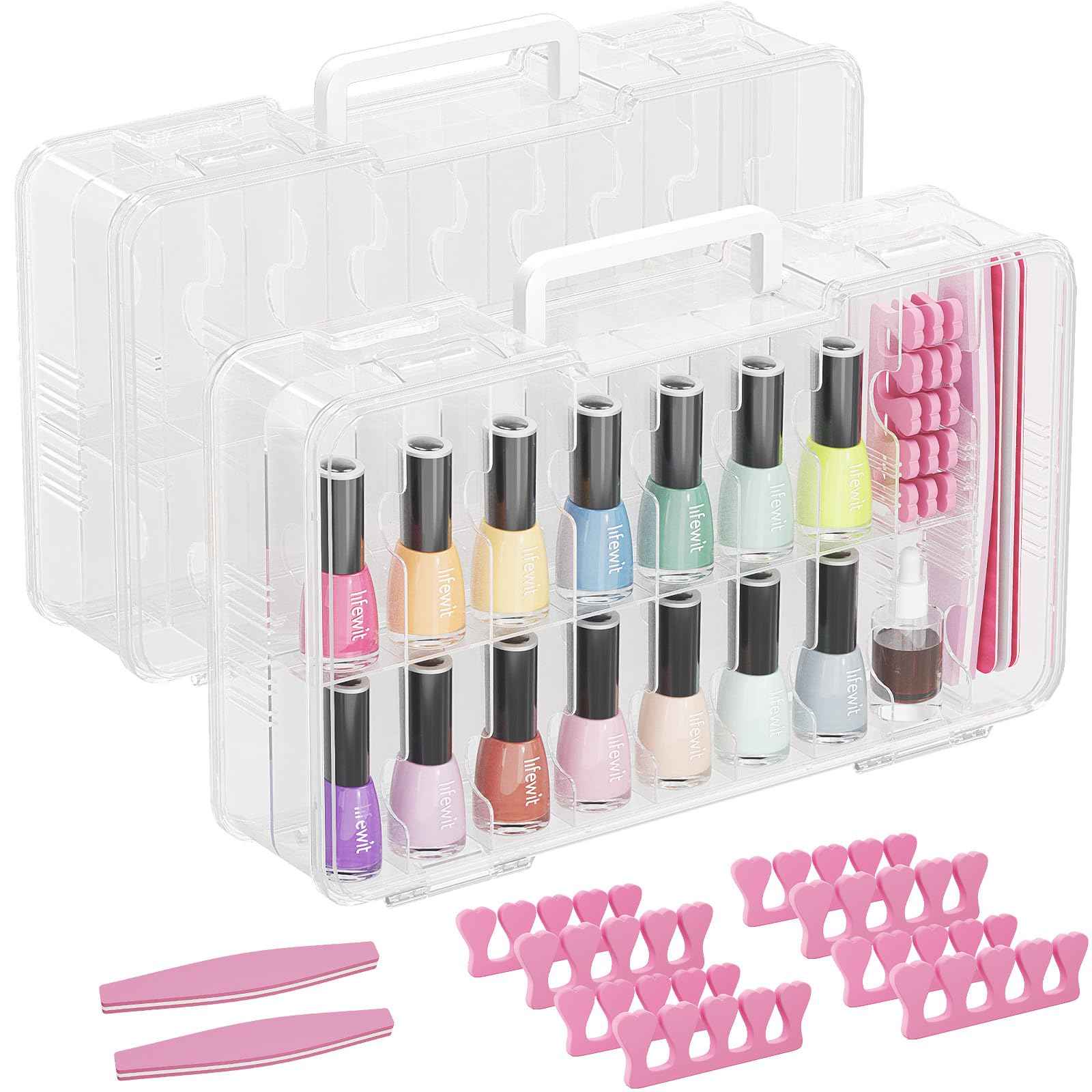 Lifewit Nail Polish Organizer Case for 36 Bottles with 8 Adjustable Sections, Portable Sturdy Gel Nail Polish Storage Holder with 4 Nail Separators, Space Saver for Display Travel, 2 Pack, Clear