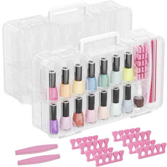 Lifewit Nail Polish Organizer Case for 36 Bottles with 8 Adjustable Sections, Portable Sturdy Gel Nail Polish Storage Holder with 4 Nail Separators, Space Saver for Display Travel, 2 Pack, Clear