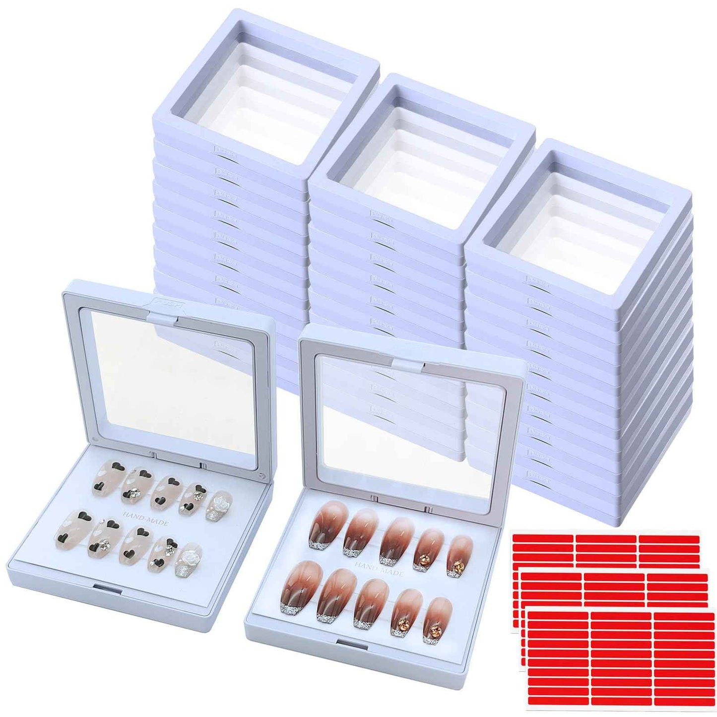 GUXACU 32 Pack Press On Nail Packaging Boxes - 3D Floating Storage and Display Box With 90pcs Double Sided Adhesive Tape for Nail Tech