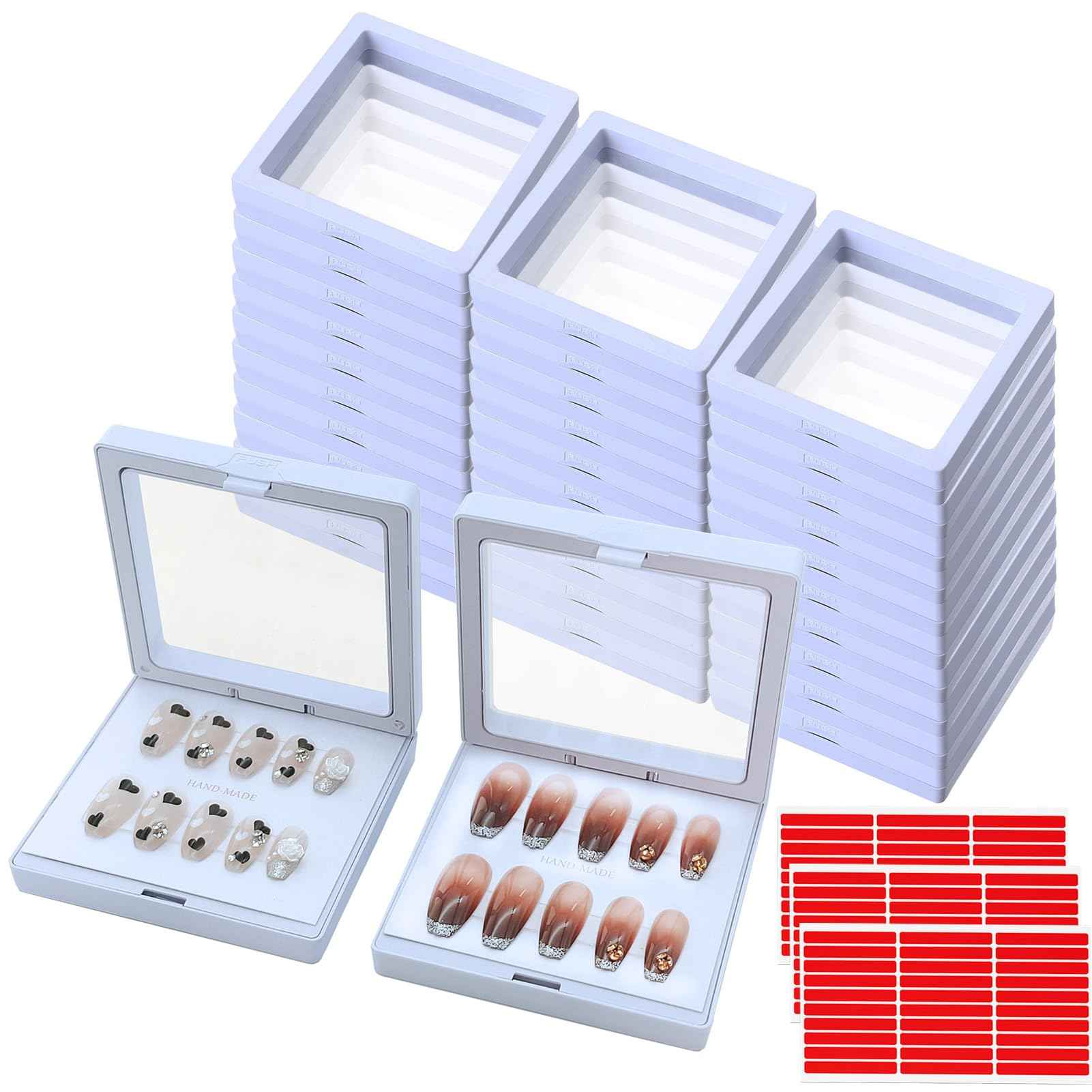 GUXACU 32 Pack Press On Nail Packaging Boxes - 3D Floating Storage and Display Box With 90pcs Double Sided Adhesive Tape for Nail Tech