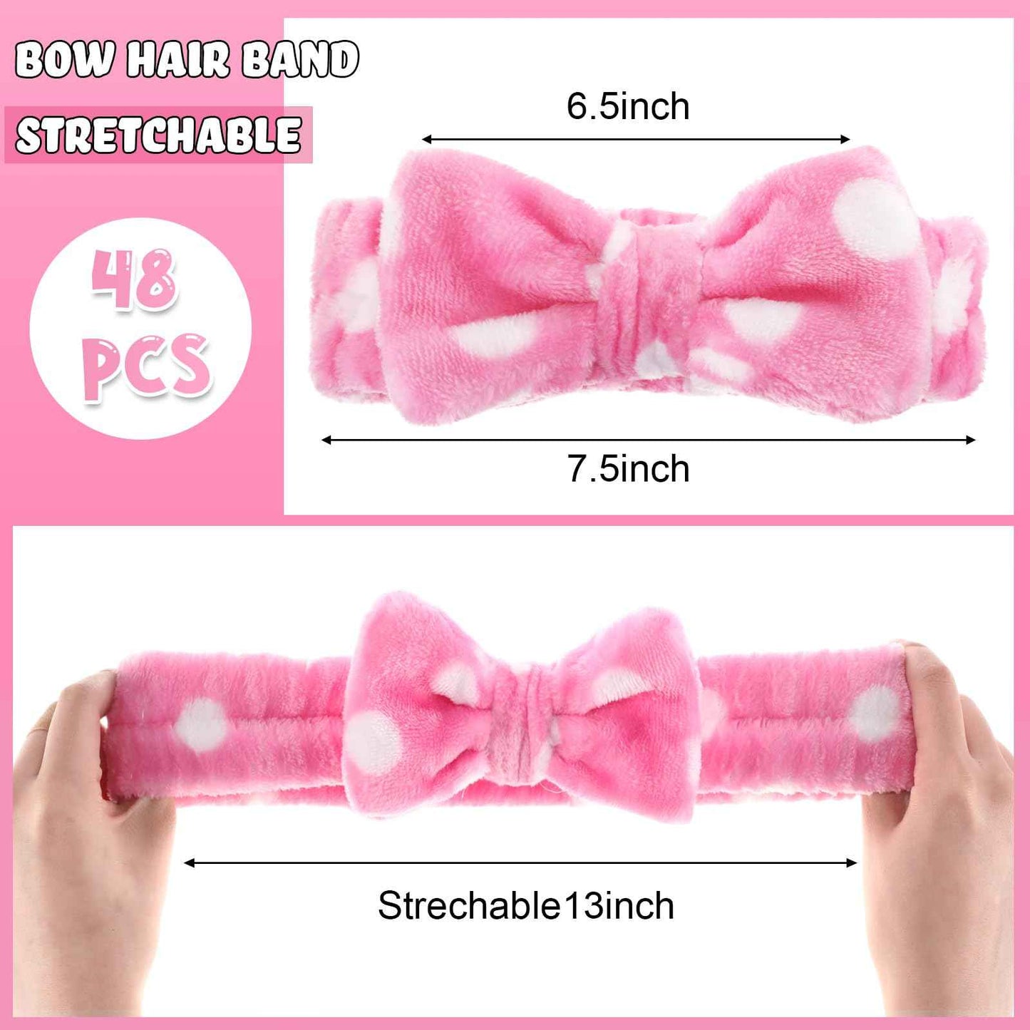Tigeen 48 Pieces Spa Headband Bulk, Headband for Washing Face, Coral Fleece Bow Hair Band, Skincare Hair Band for Women Shower Cosmetic Facial Makeup Mask (Pink,1 Style)