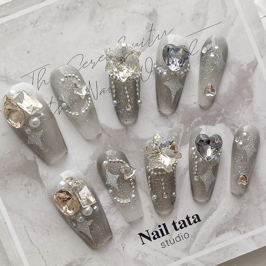 Generic Luxury Coffin Press-On Nails - Star Grey | Medium Size with 3D Star, Shining Diamond, and Pearl | Reusable and Stylish False Nails Kit | Artistic & Glamorous Grey Fake Nails