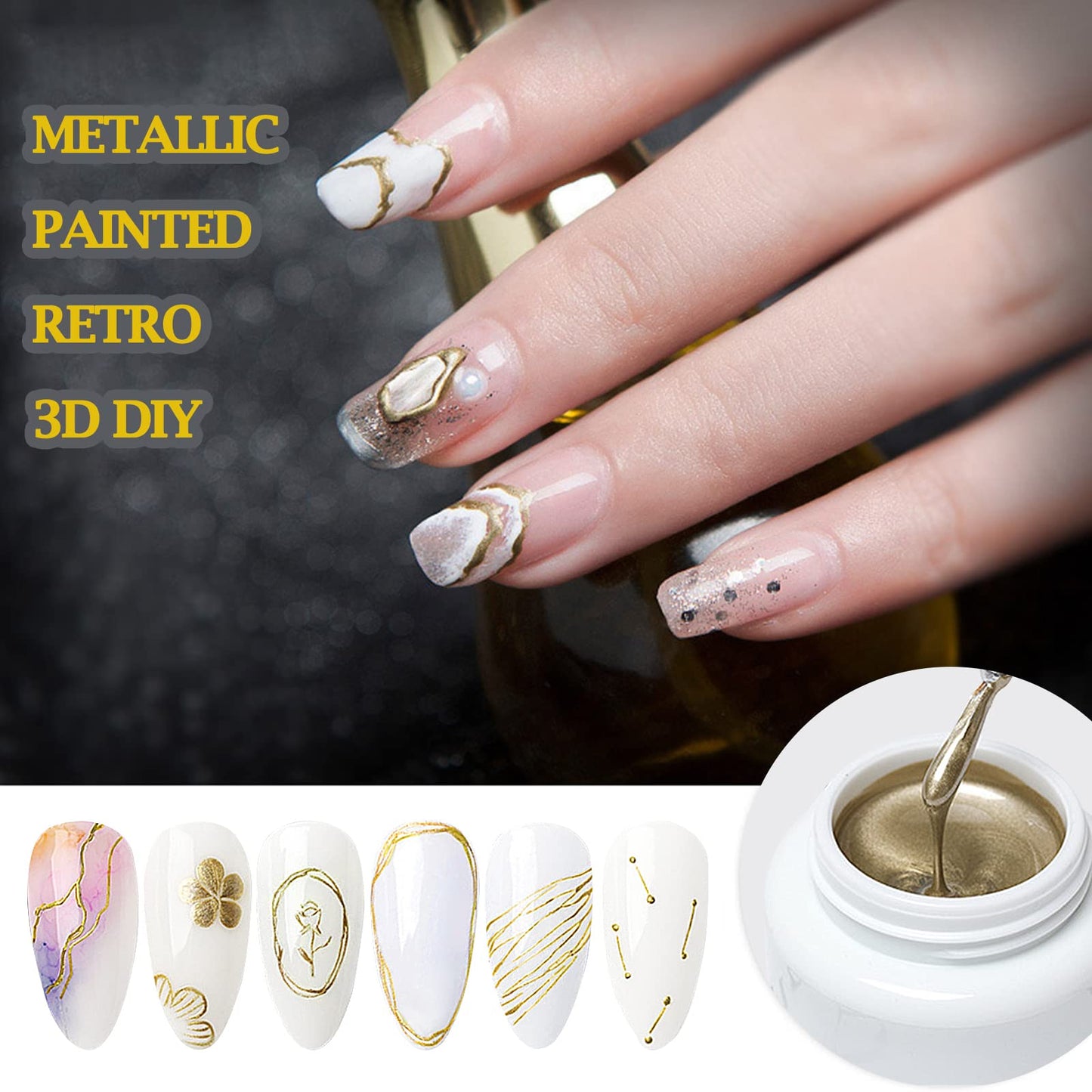 LOKFAR 1PCS Metallic Nail Polish Nail Art Gel Paint for Nails Art, 3D Reflective Metallic Painted Nail Gel Liner Nail Art Polish UV Gold Nail Polish Nail Painting Gel for Nail Art (Gold)