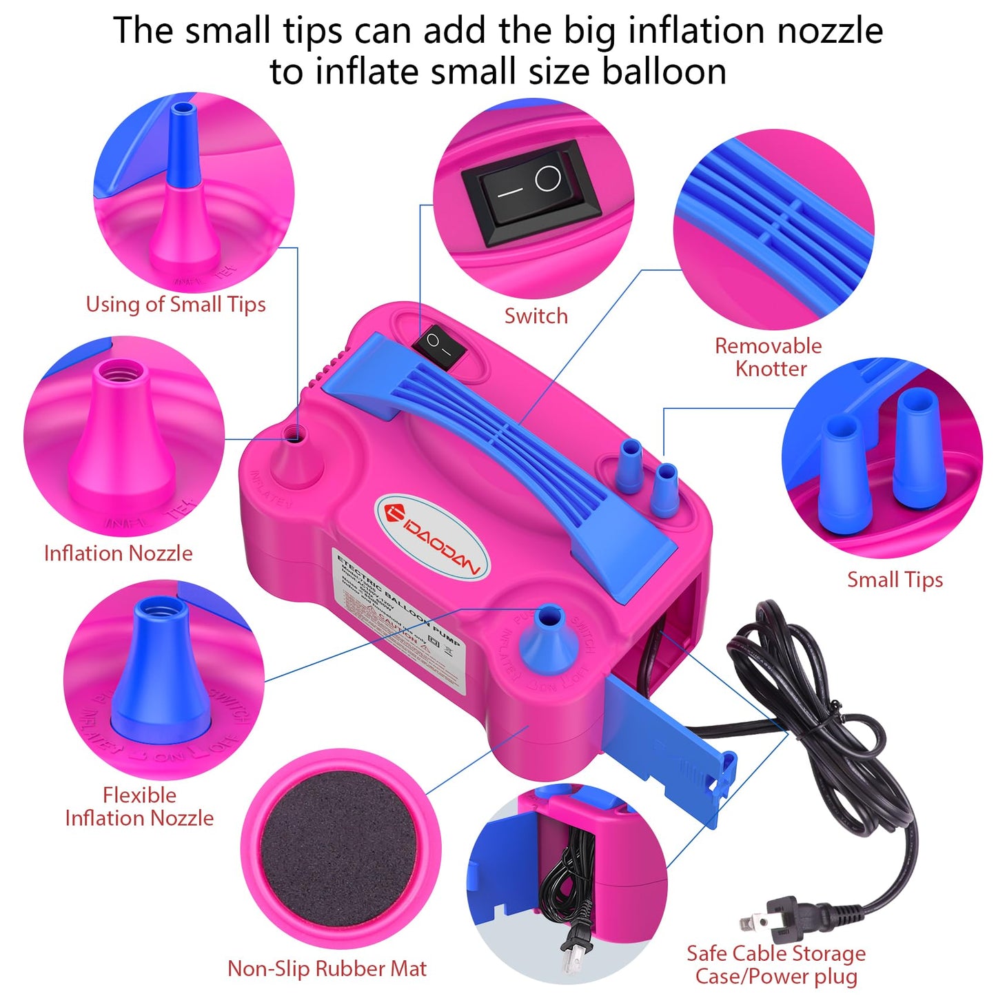 IDAODAN Electric Balloon Pump, Portable Electric Balloon Blower Machine Balloon Air Pump Dual Nozzle Rose Red 110V 600W Balloon Inflator for Party Decorations