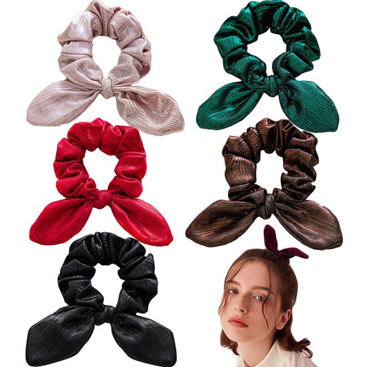 5 Pcs Bunny Ear Hair Bow Scrunchies for Girls Women, Christmas Hair Ties with Bows Snowflake Polka Plaid Hair Ties for Girls Kids Women Cute Scrunchies for Party Gift (5Pcs)